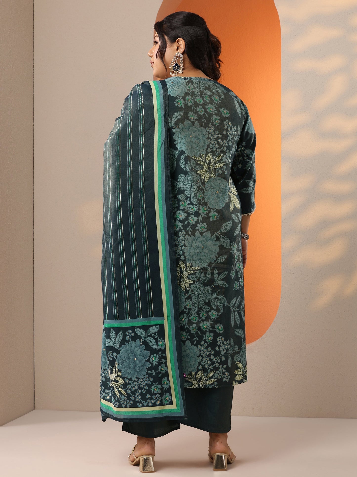 Plus Size Blue Printed Silk Blend Straight Suit Set With Dupatta