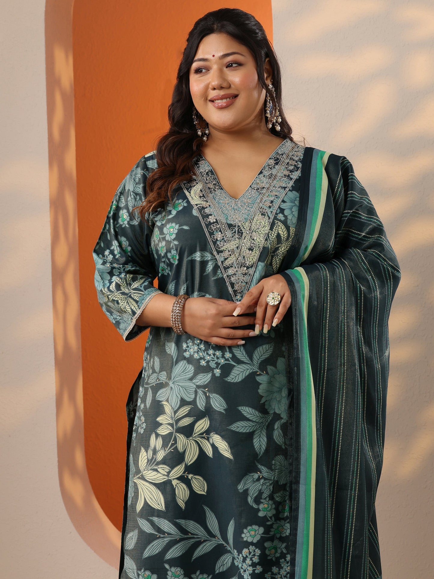 Plus Size Blue Printed Silk Blend Straight Suit Set With Dupatta