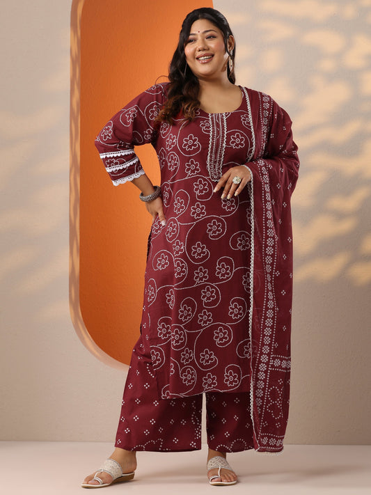 Plus Size Maroon Printed Cotton Straight Suit Set With Dupatta
