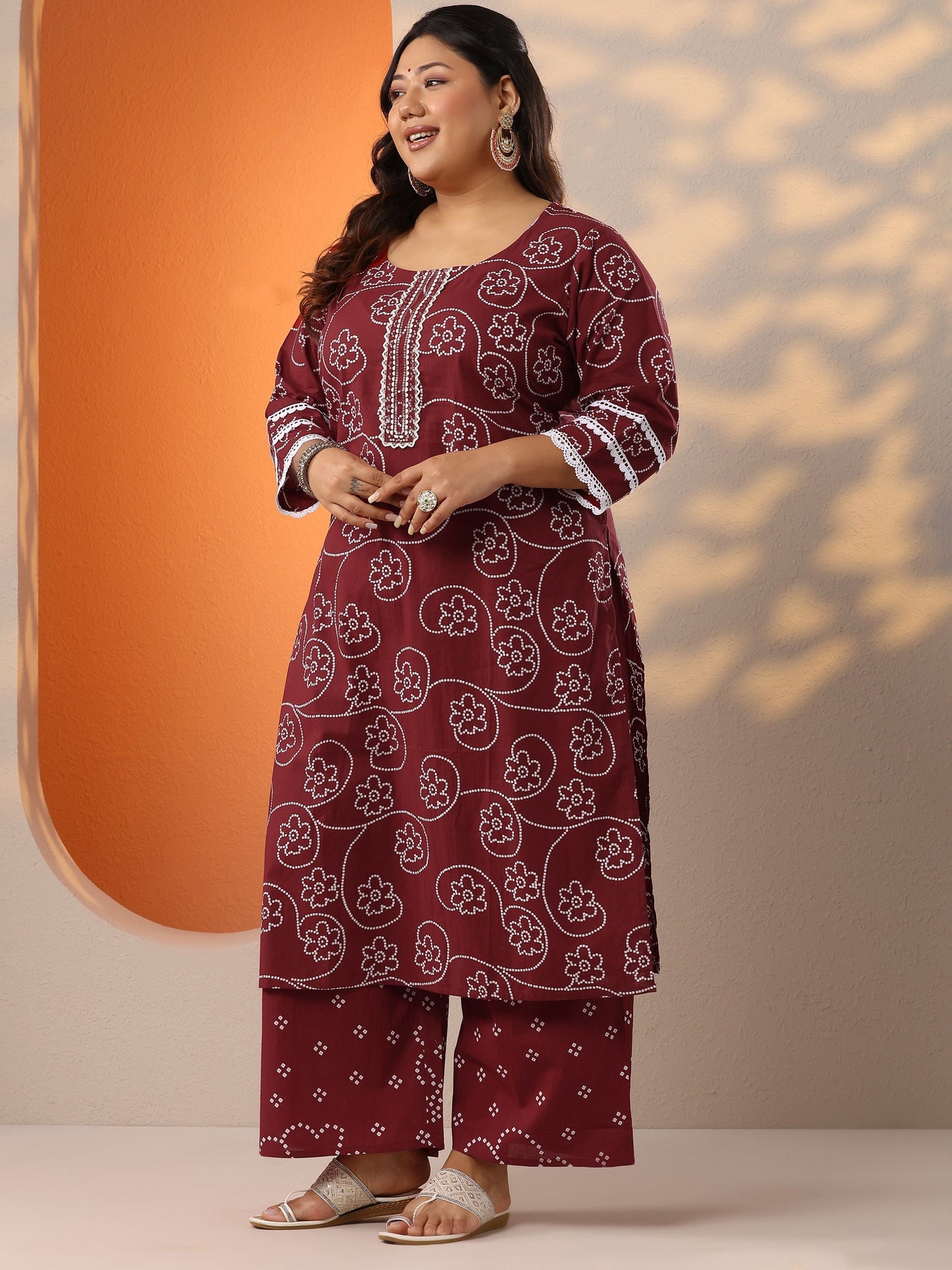 Plus Size Maroon Printed Cotton Straight Suit Set With Dupatta