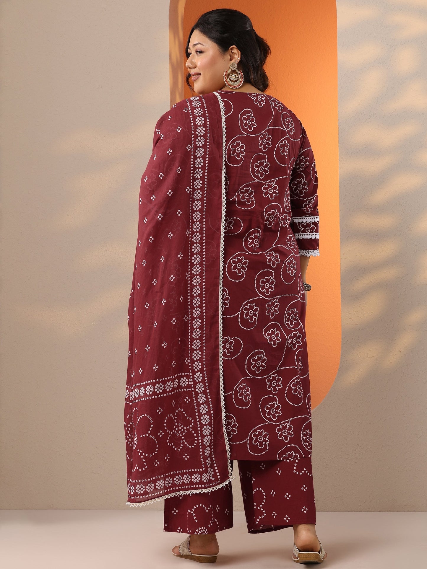 Plus Size Maroon Printed Cotton Straight Suit Set With Dupatta