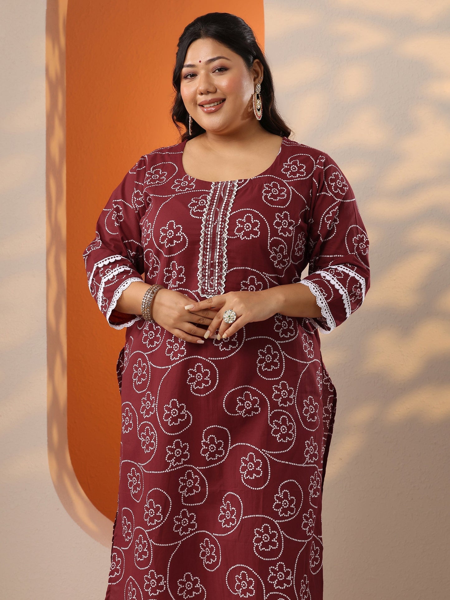 Plus Size Maroon Printed Cotton Straight Suit Set With Dupatta