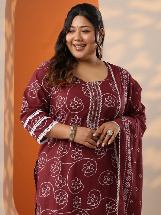 Plus Size Maroon Printed Cotton Straight Suit Set With Dupatta