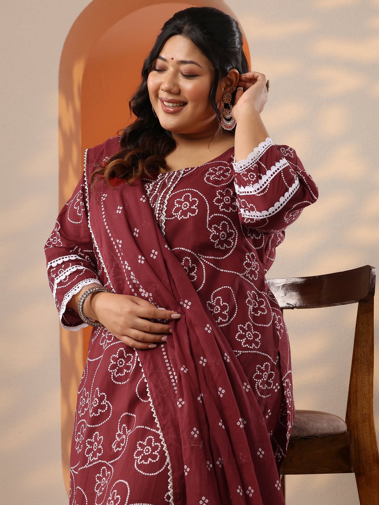 Plus Size Maroon Printed Cotton Straight Suit Set With Dupatta