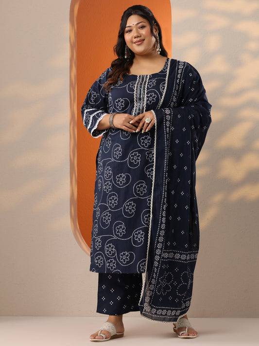 Plus Size Blue Printed Cotton Straight Suit Set With Dupatta
