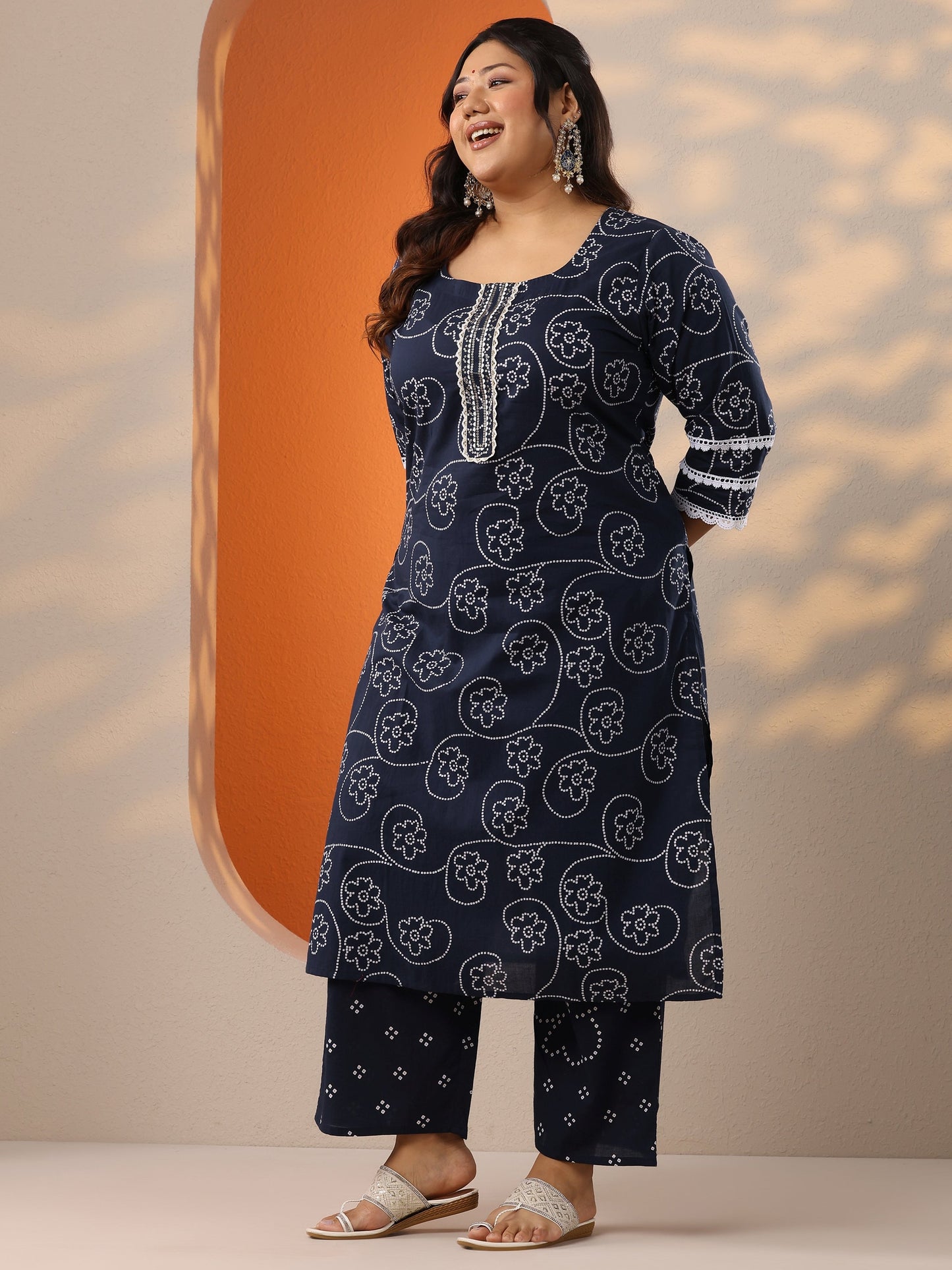 Plus Size Blue Printed Cotton Straight Suit Set With Dupatta