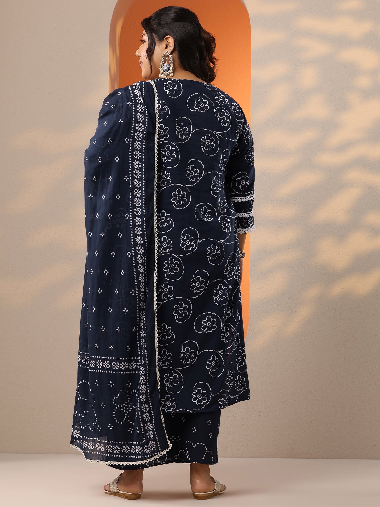 Plus Size Blue Printed Cotton Straight Suit Set With Dupatta
