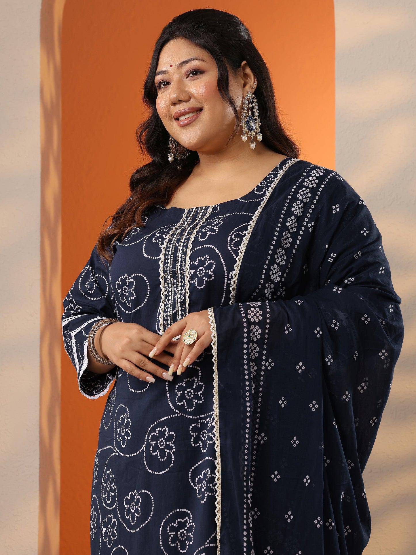 Plus Size Blue Printed Cotton Straight Suit Set With Dupatta