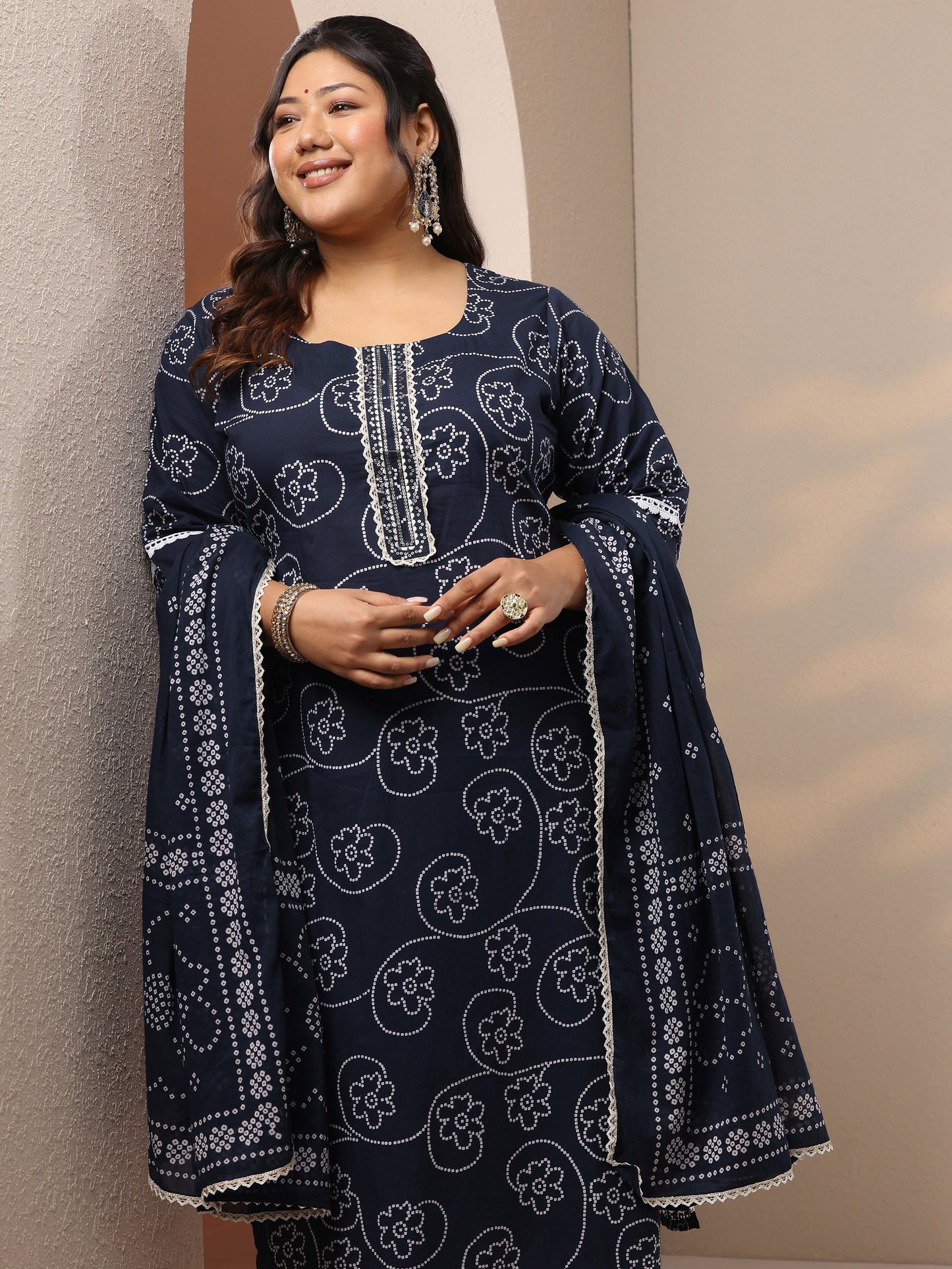 Plus Size Blue Printed Cotton Straight Suit Set With Dupatta