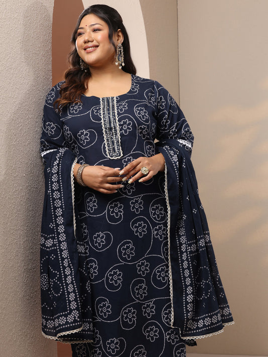 Plus Size Blue Printed Cotton Straight Suit Set With Dupatta