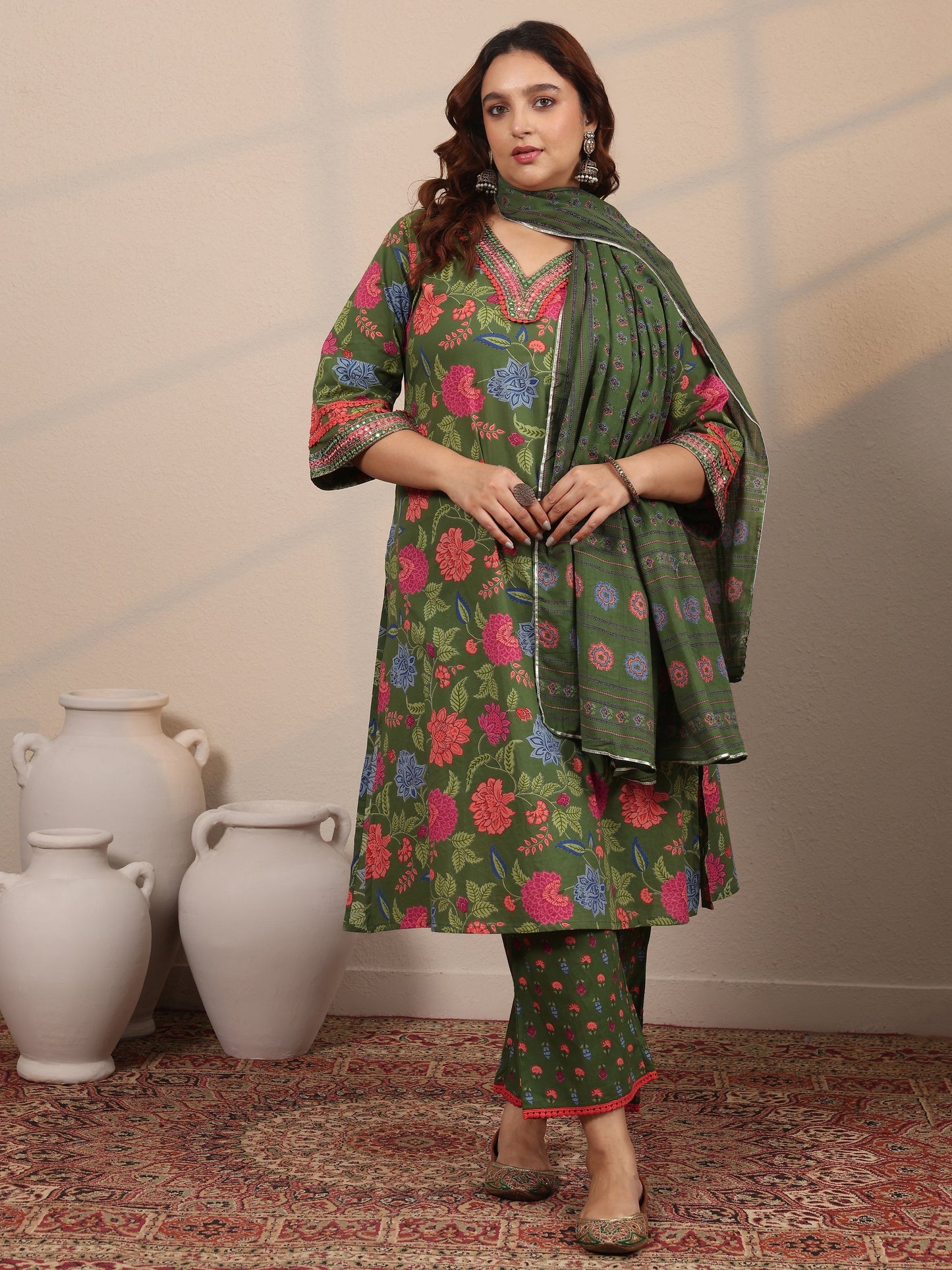 Plus Size Green Printed Cotton Straight Suit Set With Dupatta