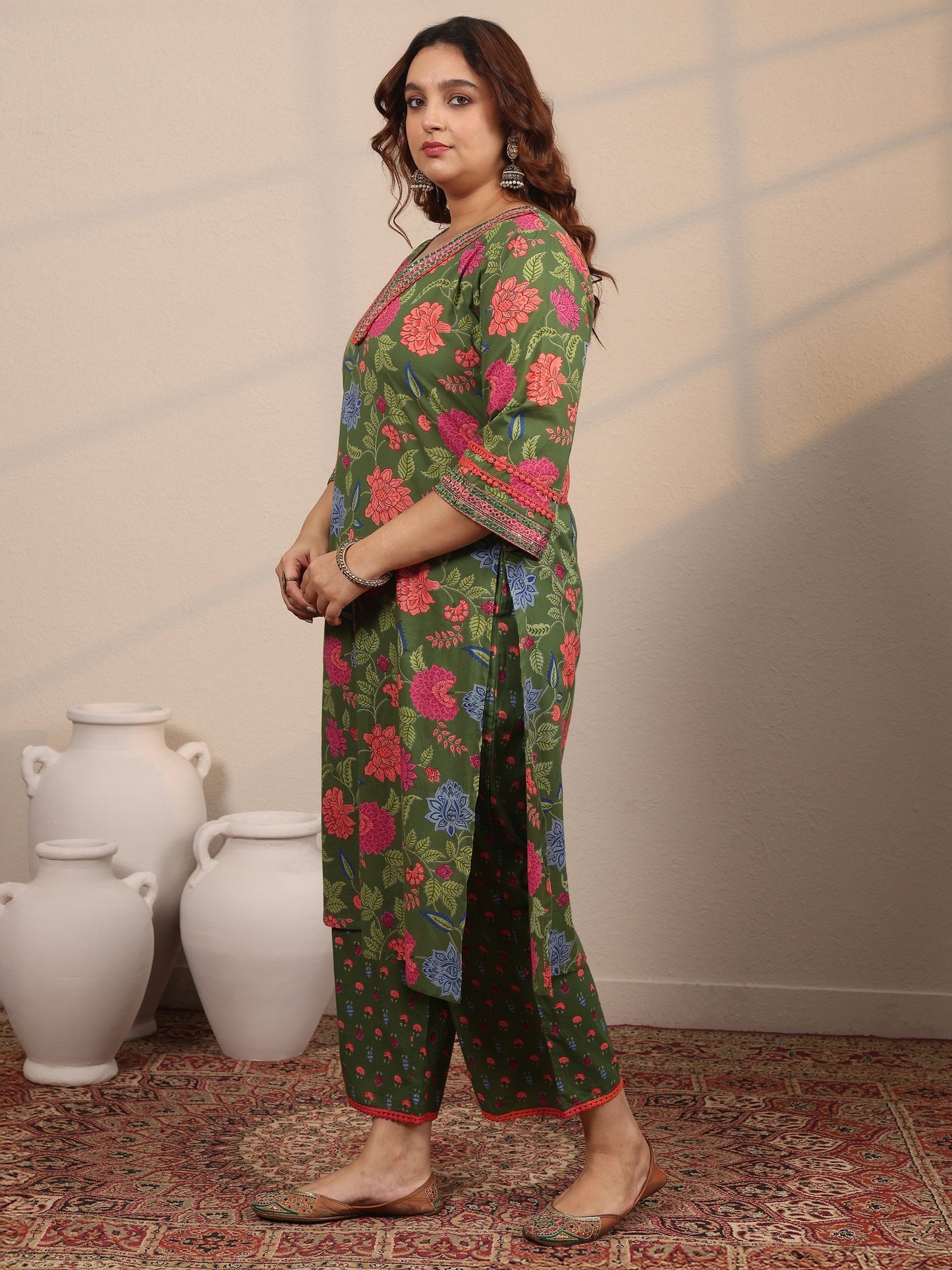 Plus Size Green Printed Cotton Straight Suit Set With Dupatta