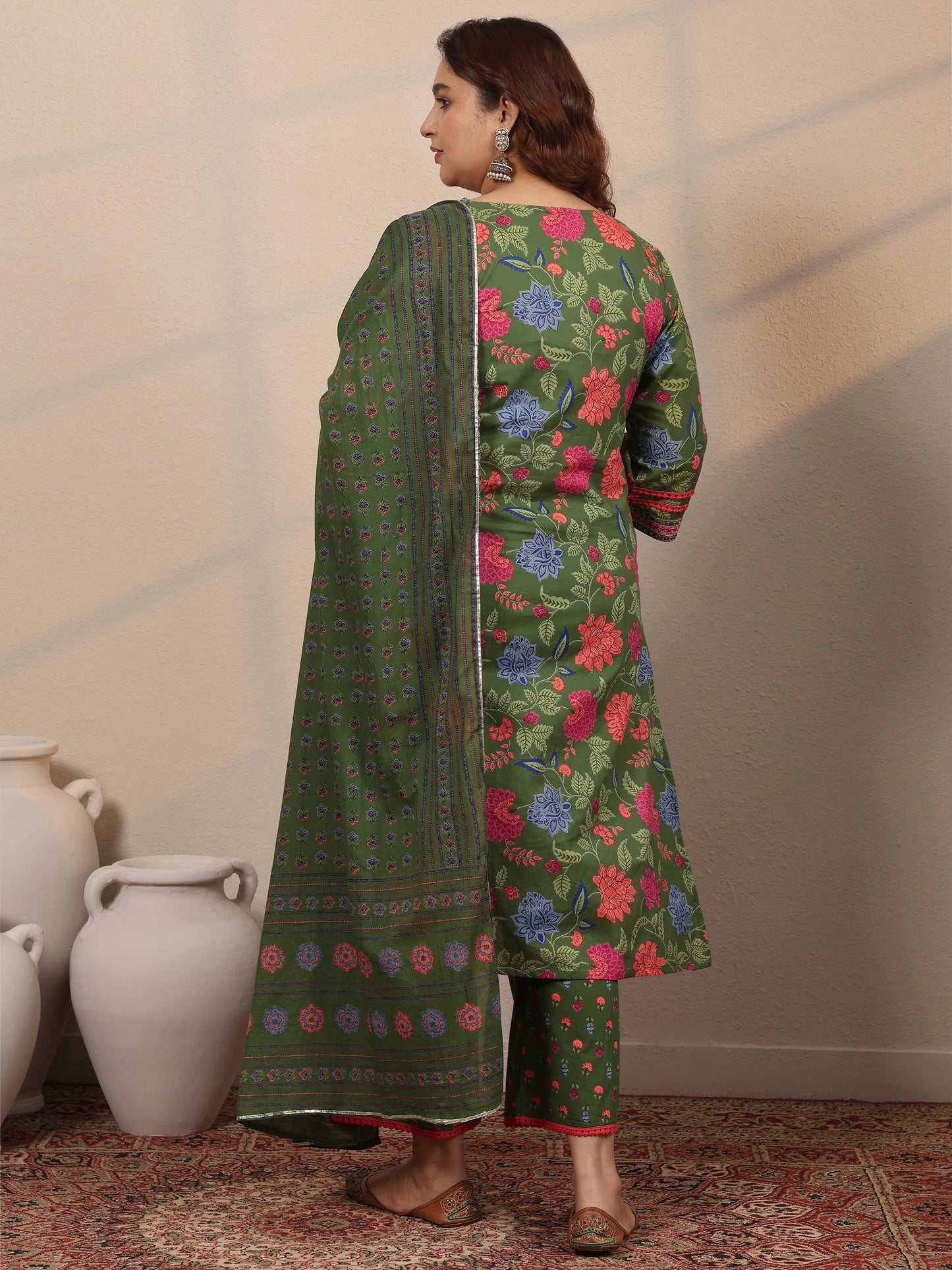 Plus Size Green Printed Cotton Straight Suit Set With Dupatta