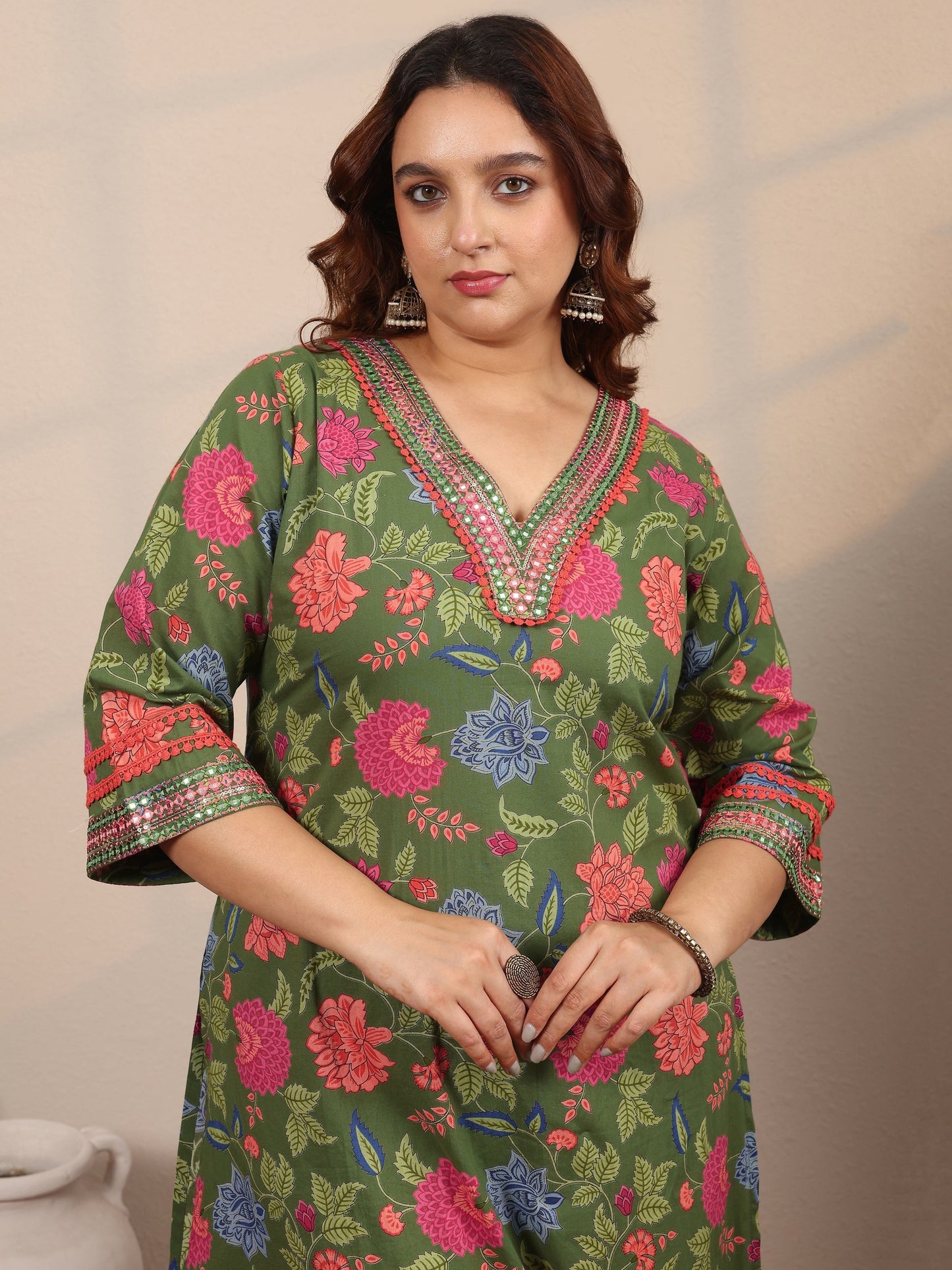 Plus Size Green Printed Cotton Straight Suit Set With Dupatta