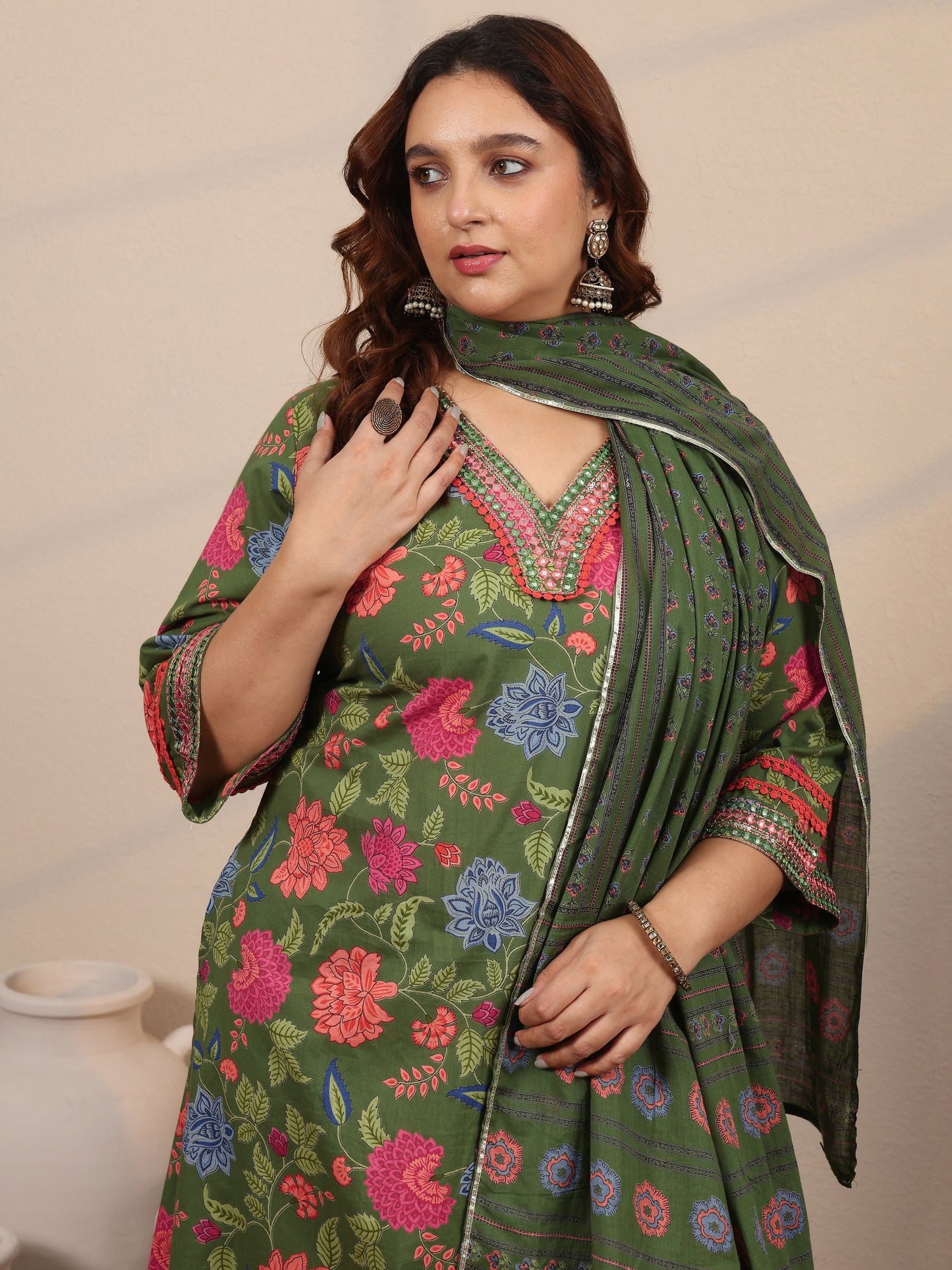 Plus Size Green Printed Cotton Straight Suit Set With Dupatta