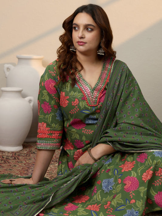 Plus Size Green Printed Cotton Straight Suit Set With Dupatta