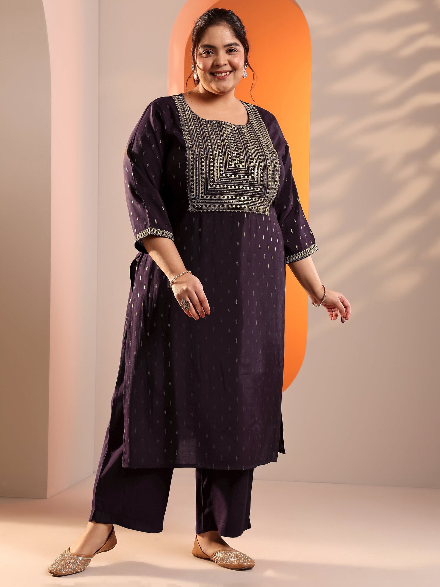 Plus Size Burgundy Embellised Silk Blend Straight Kurta Set