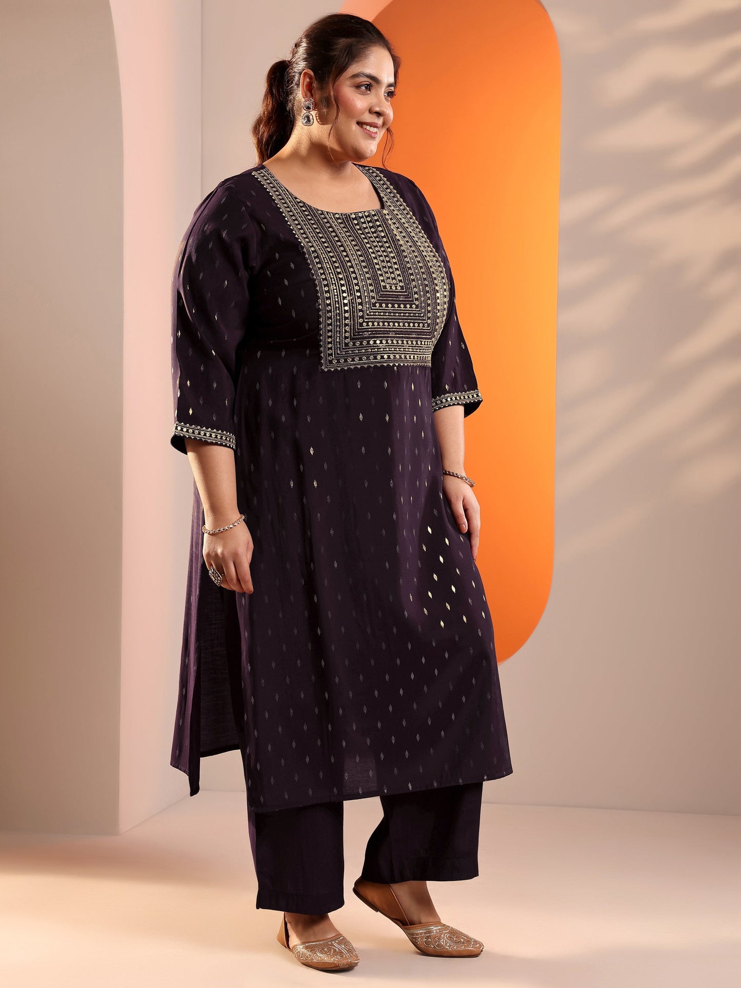 Plus Size Burgundy Embellised Silk Blend Straight Kurta Set