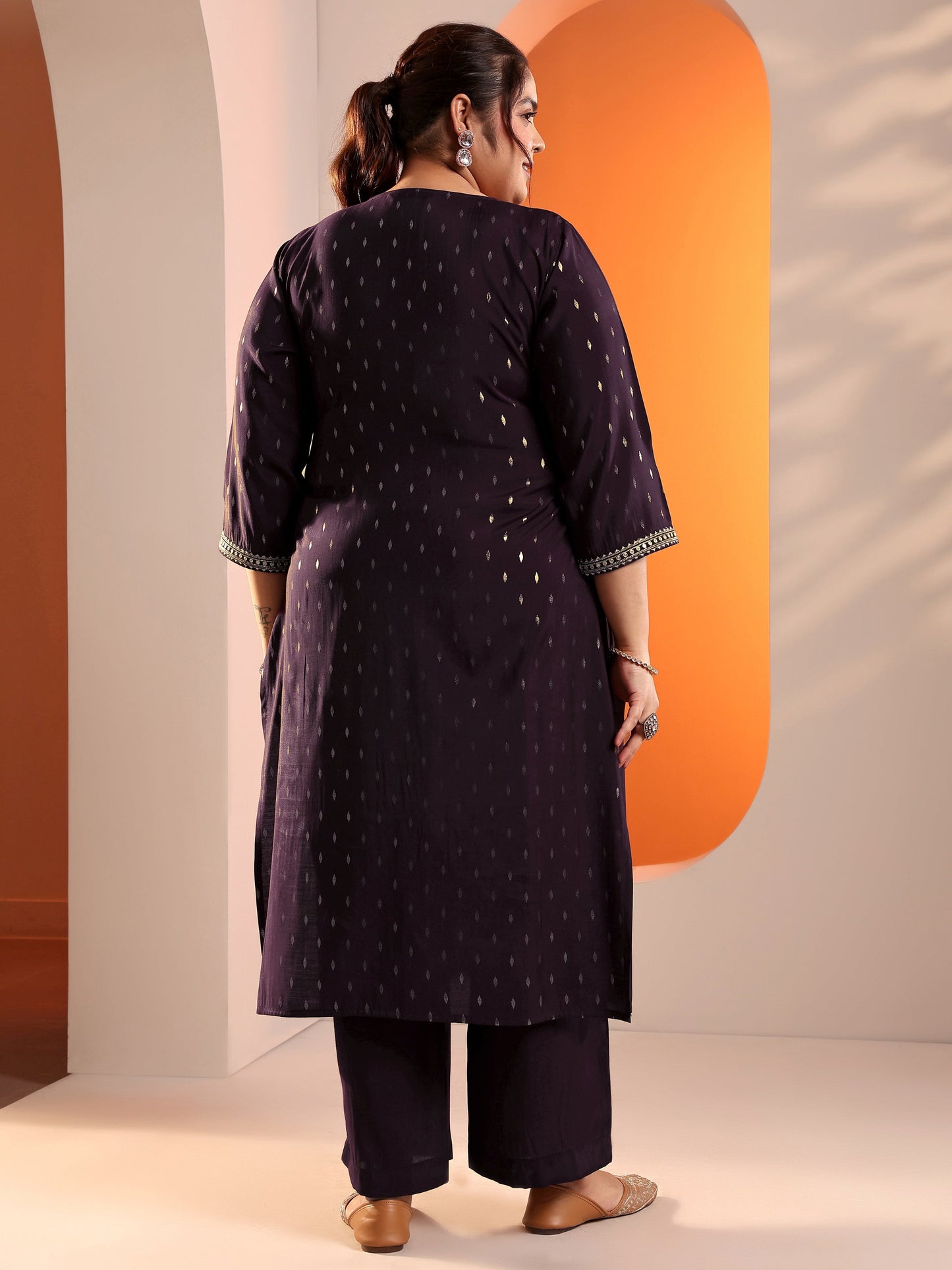 Plus Size Burgundy Embellised Silk Blend Straight Kurta Set