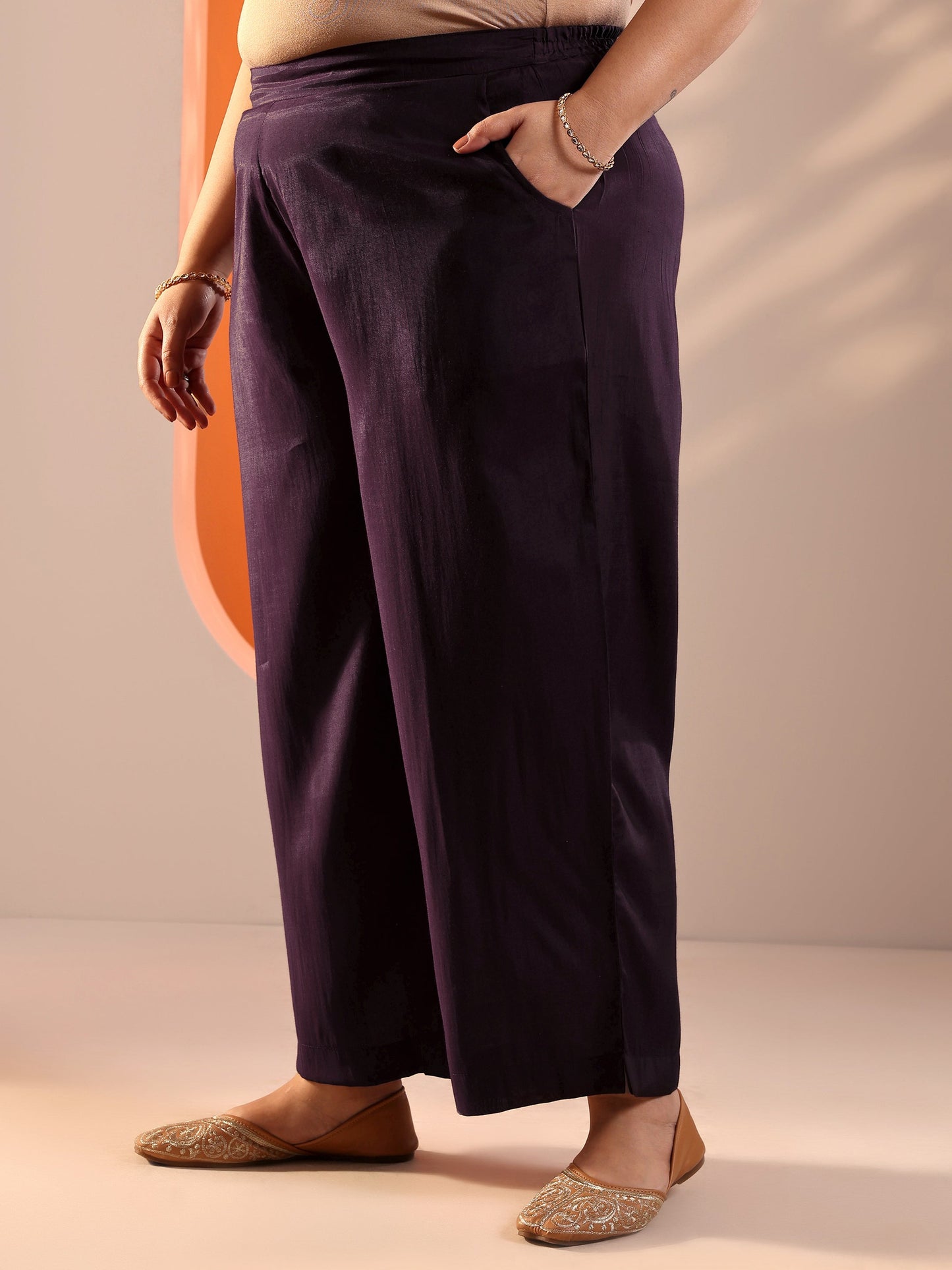 Plus Size Burgundy Embellised Silk Blend Straight Kurta Set