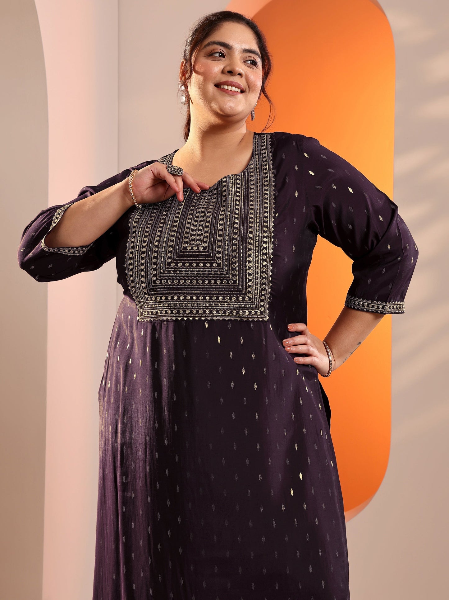 Plus Size Burgundy Embellised Silk Blend Straight Kurta Set