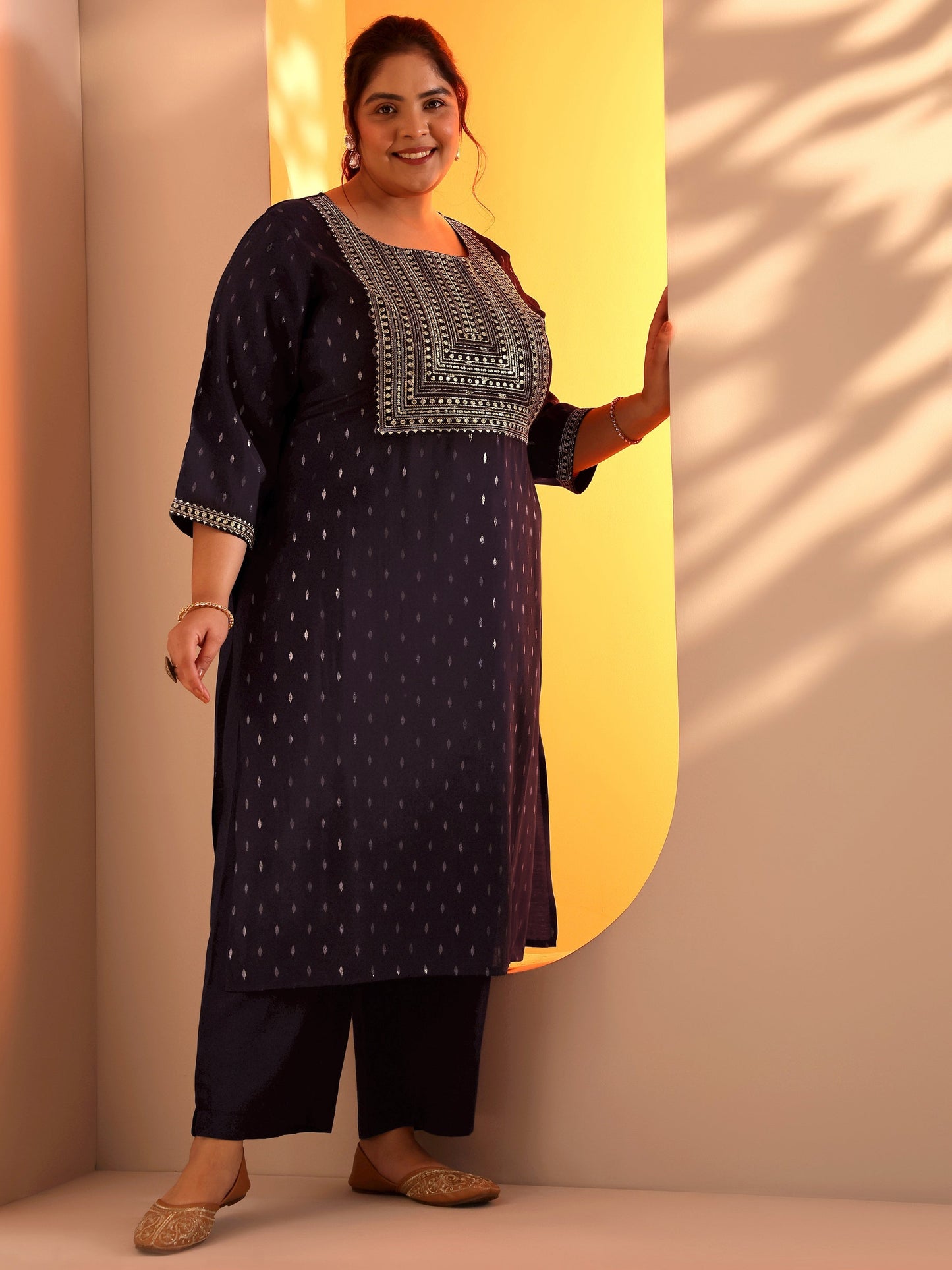 Plus Size Burgundy Embellised Silk Blend Straight Kurta Set