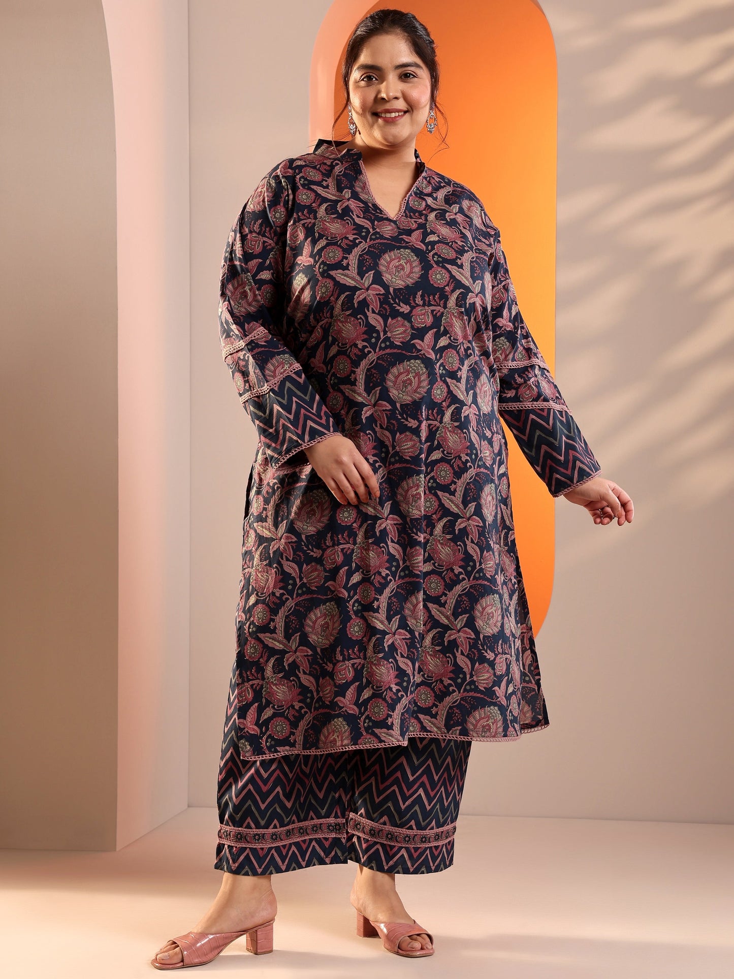 Plus Size Blue Printed Cotton Straight Kurta Set
