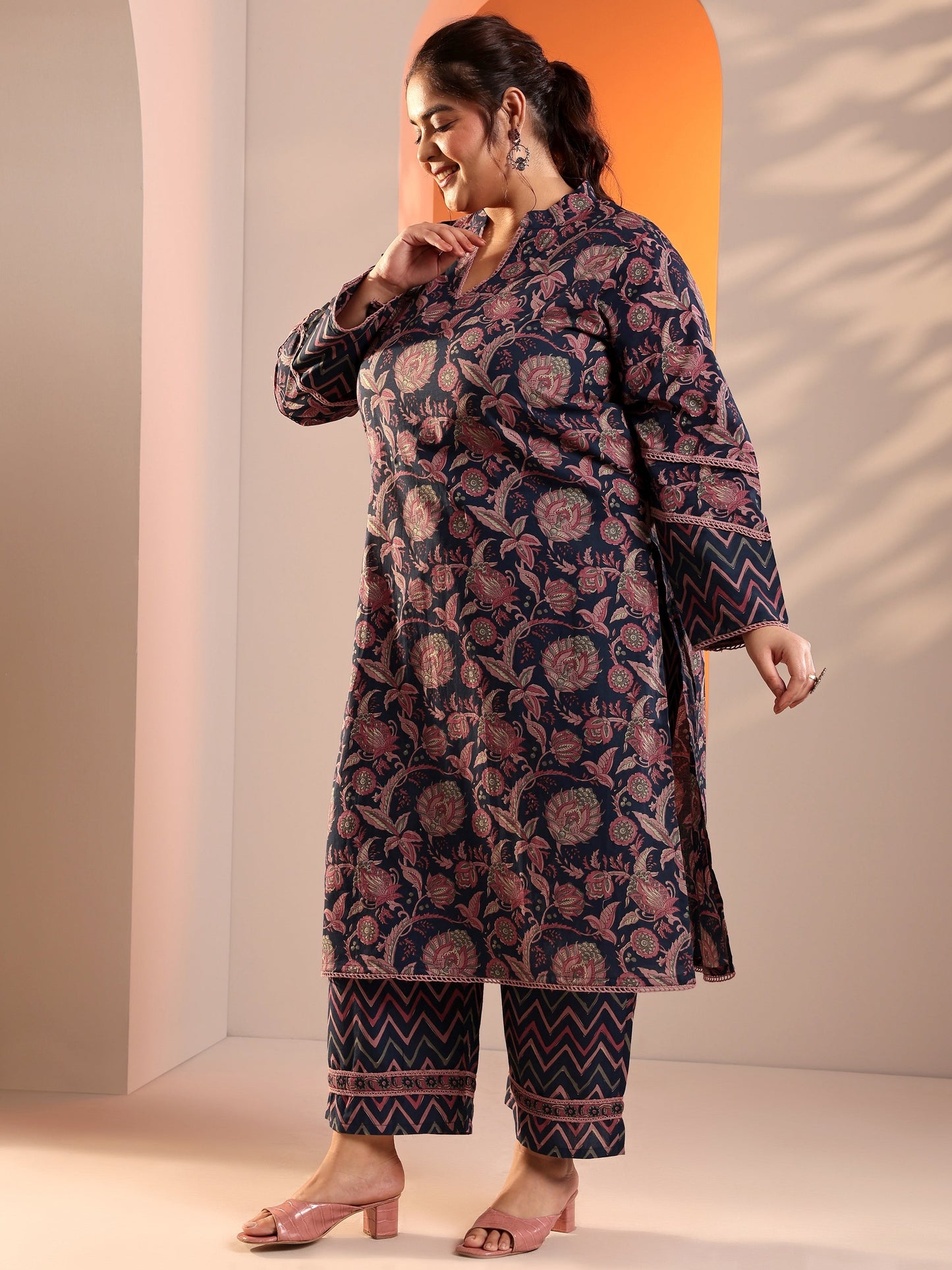 Plus Size Blue Printed Cotton Straight Kurta Set