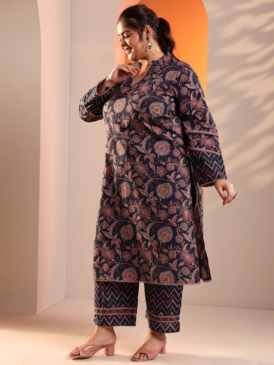 Plus Size Blue Printed Cotton Straight Kurta Set