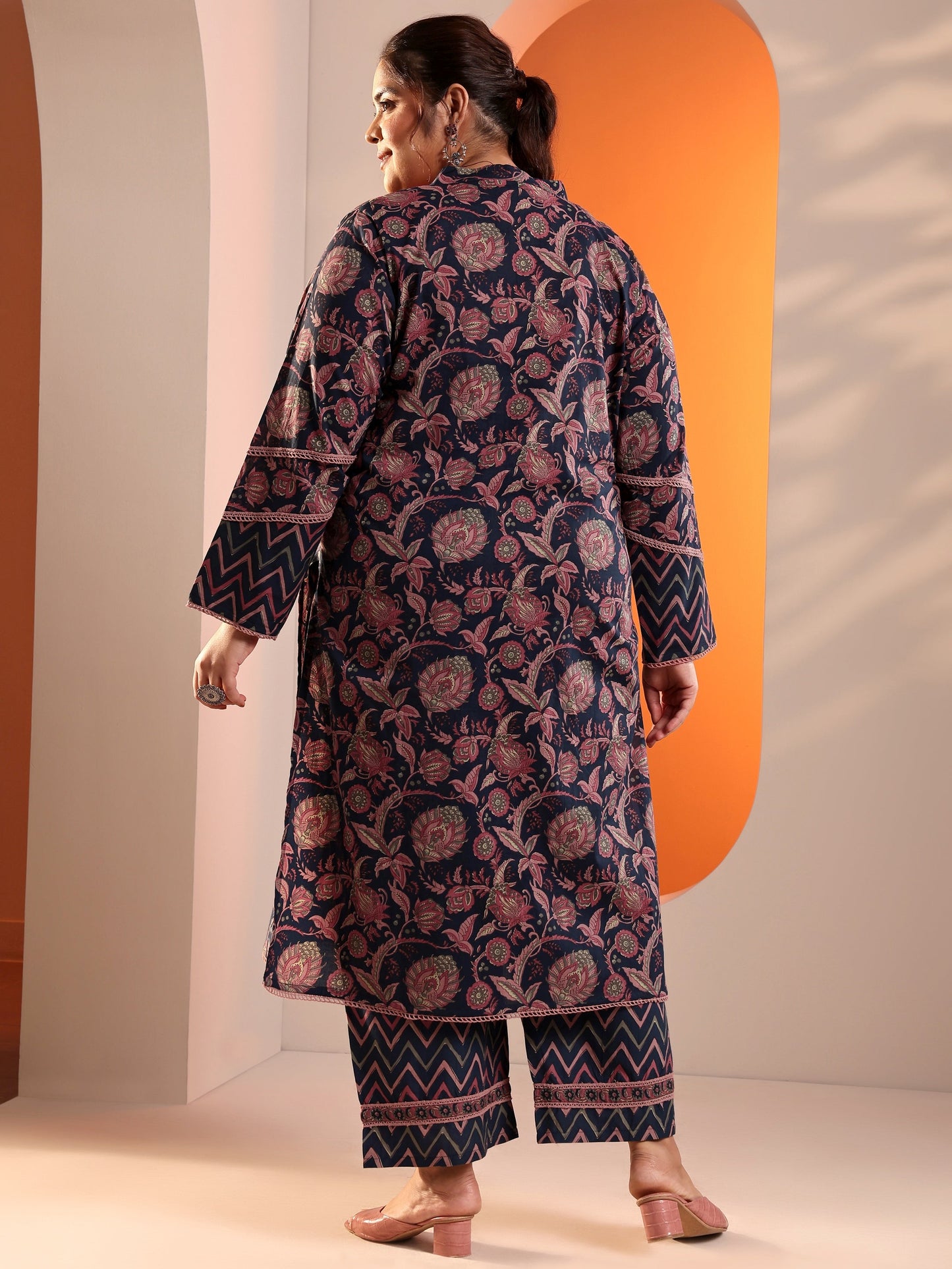 Plus Size Blue Printed Cotton Straight Kurta Set