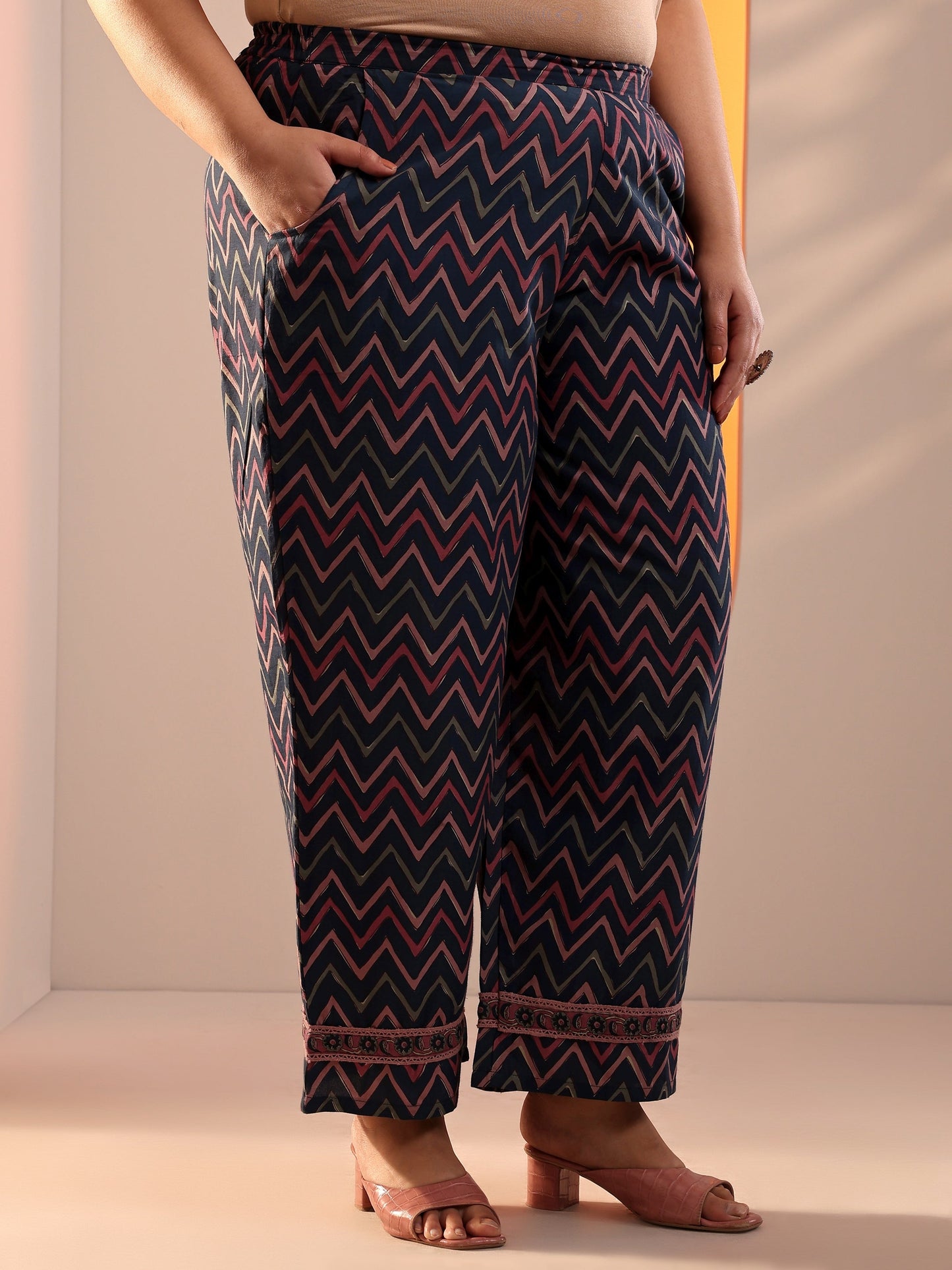 Plus Size Blue Printed Cotton Straight Kurta Set