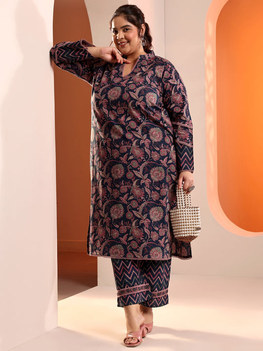 Plus Size Blue Printed Cotton Straight Kurta Set