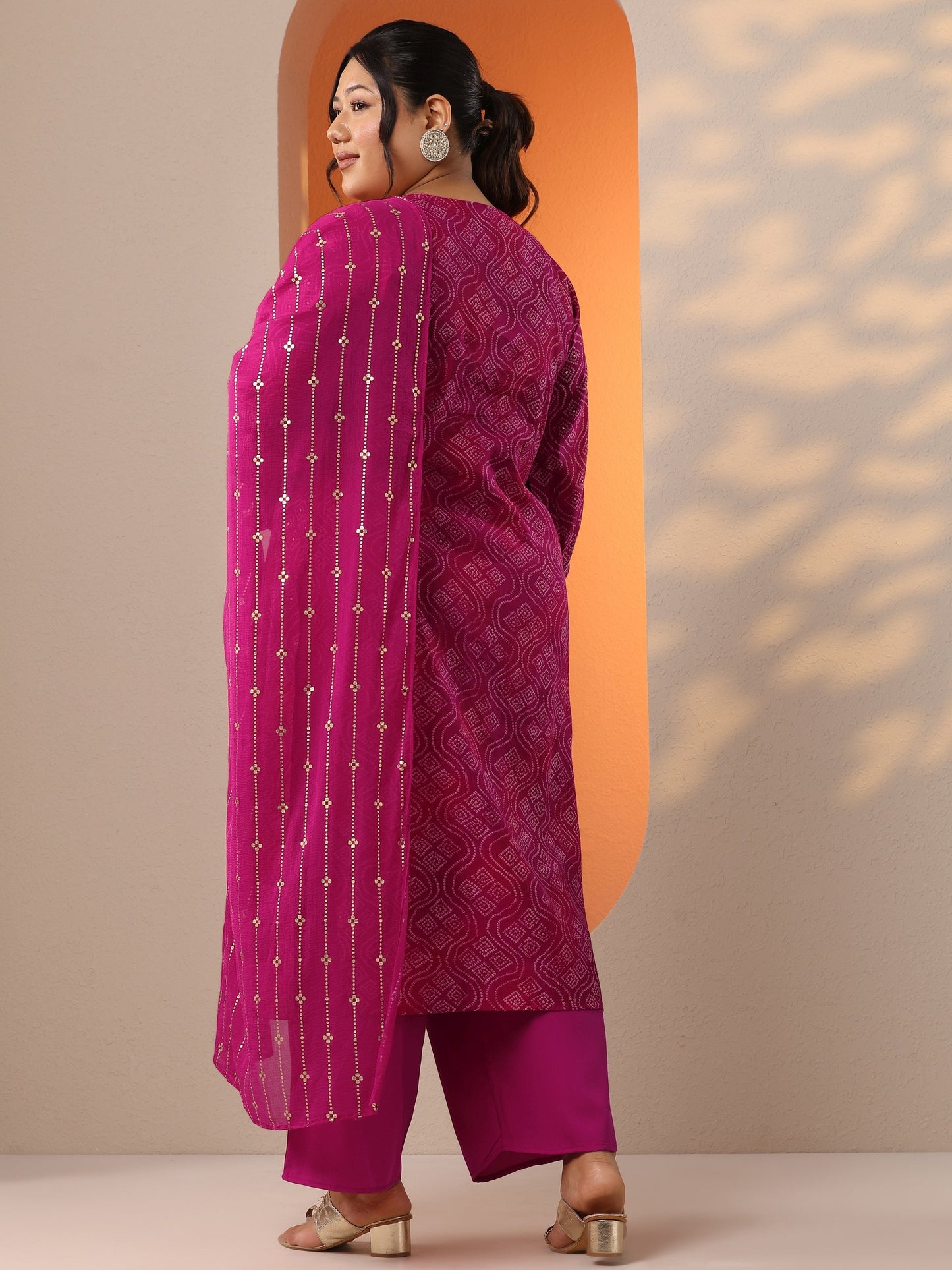 Plus Size Pink Printed Silk Blend Straight Suit Set With Dupatta