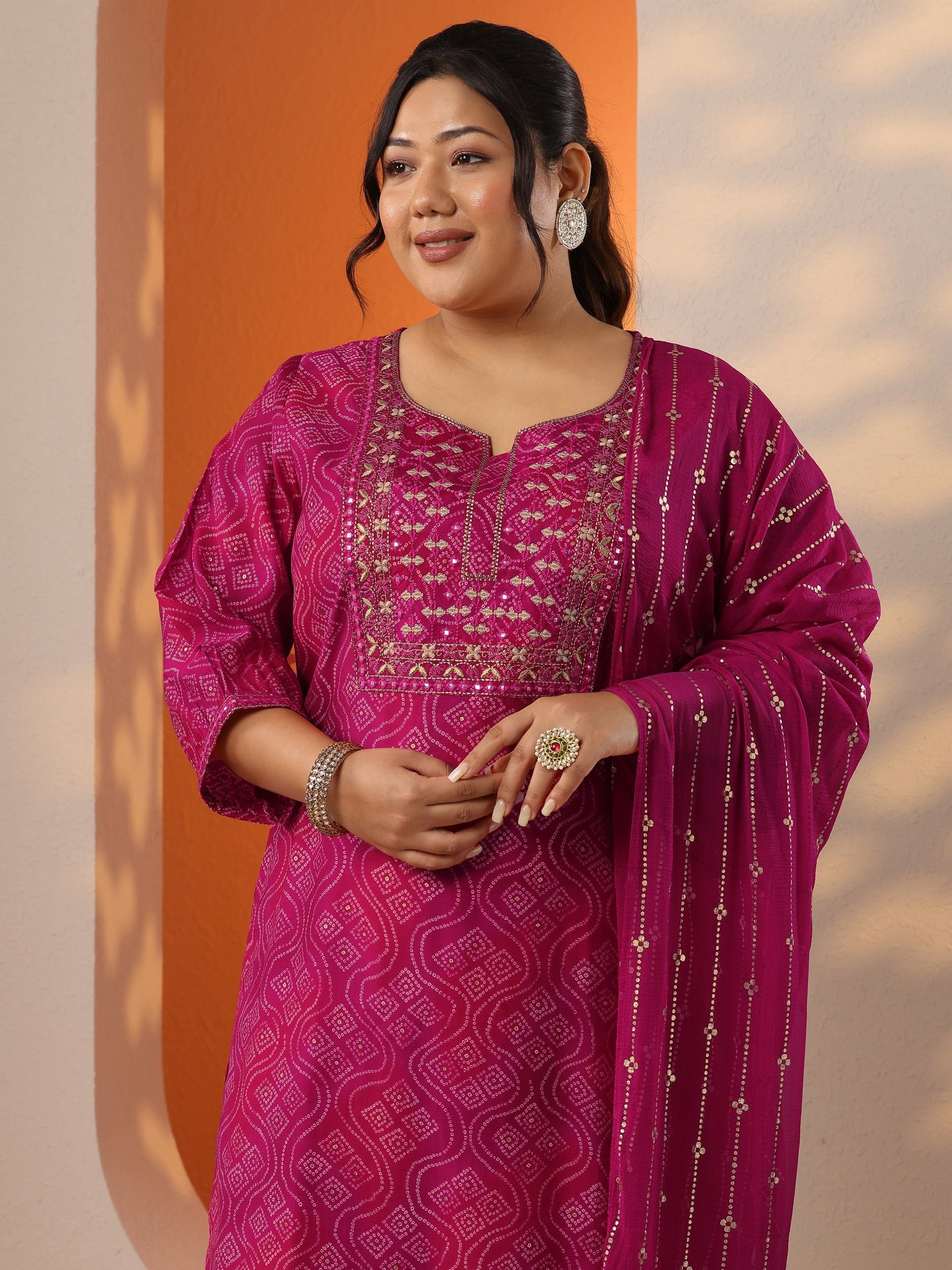 Plus Size Pink Printed Silk Blend Straight Suit Set With Dupatta
