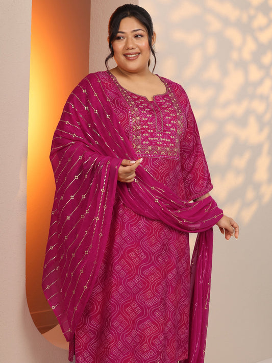 Plus Size Pink Printed Silk Blend Straight Suit Set With Dupatta