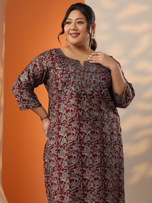 Plus Size Maroon Printed Silk Blend Straight Kurta Set