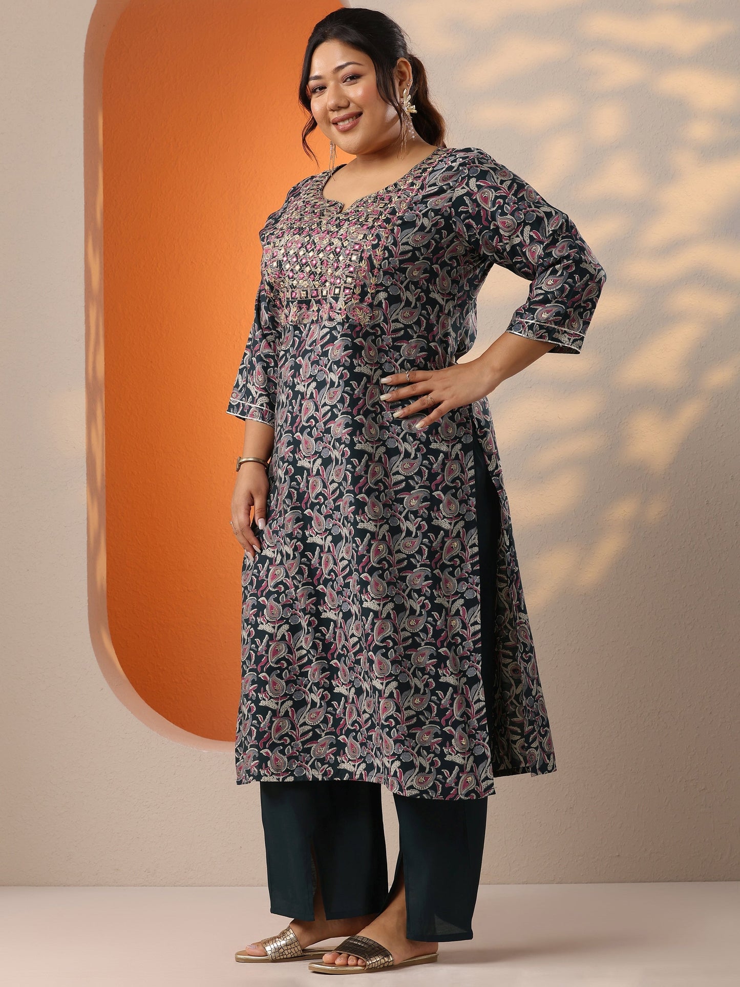 Plus Size Blue Printed Silk Blend Straight Kurta Set