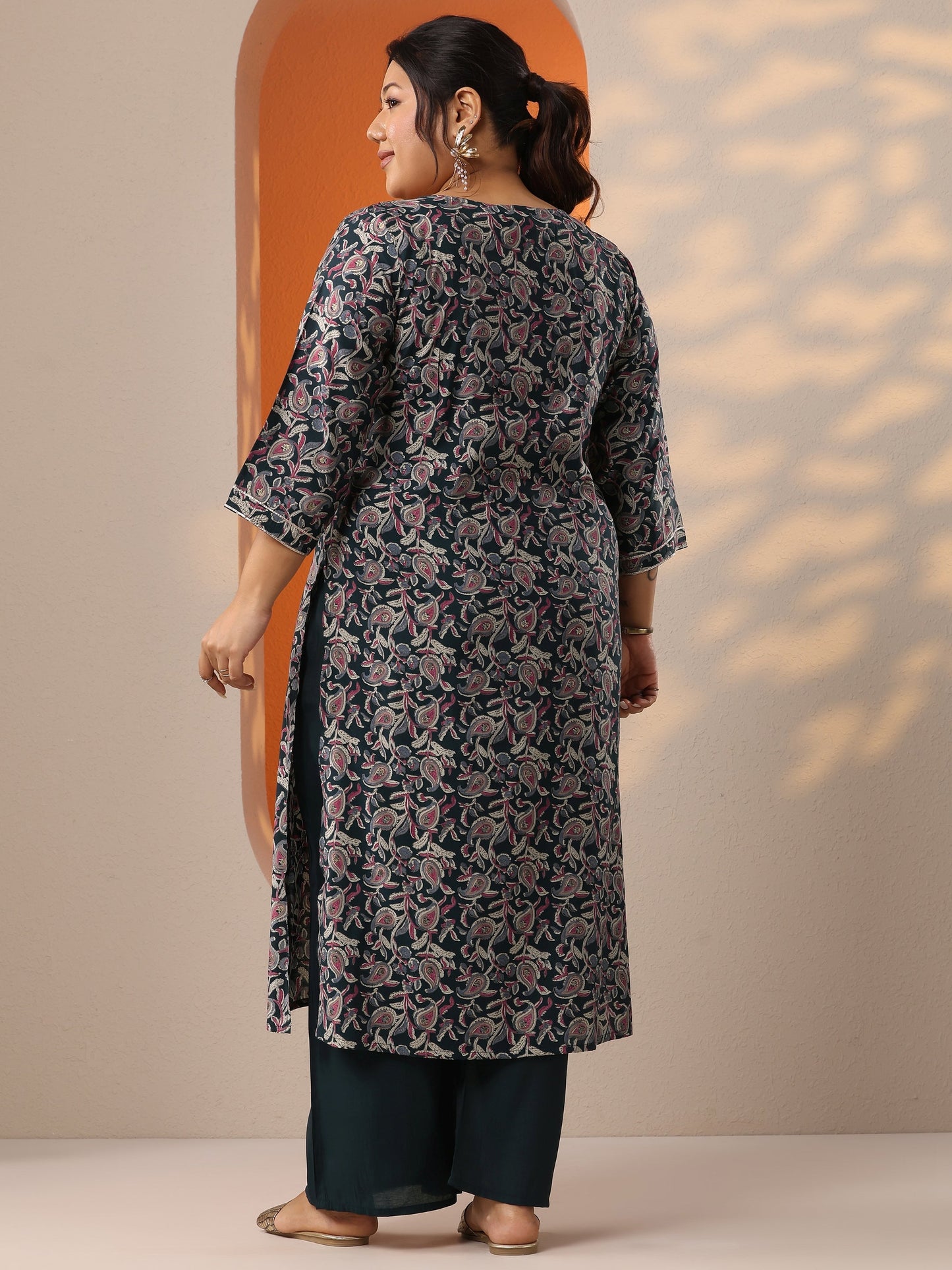 Plus Size Blue Printed Silk Blend Straight Kurta Set