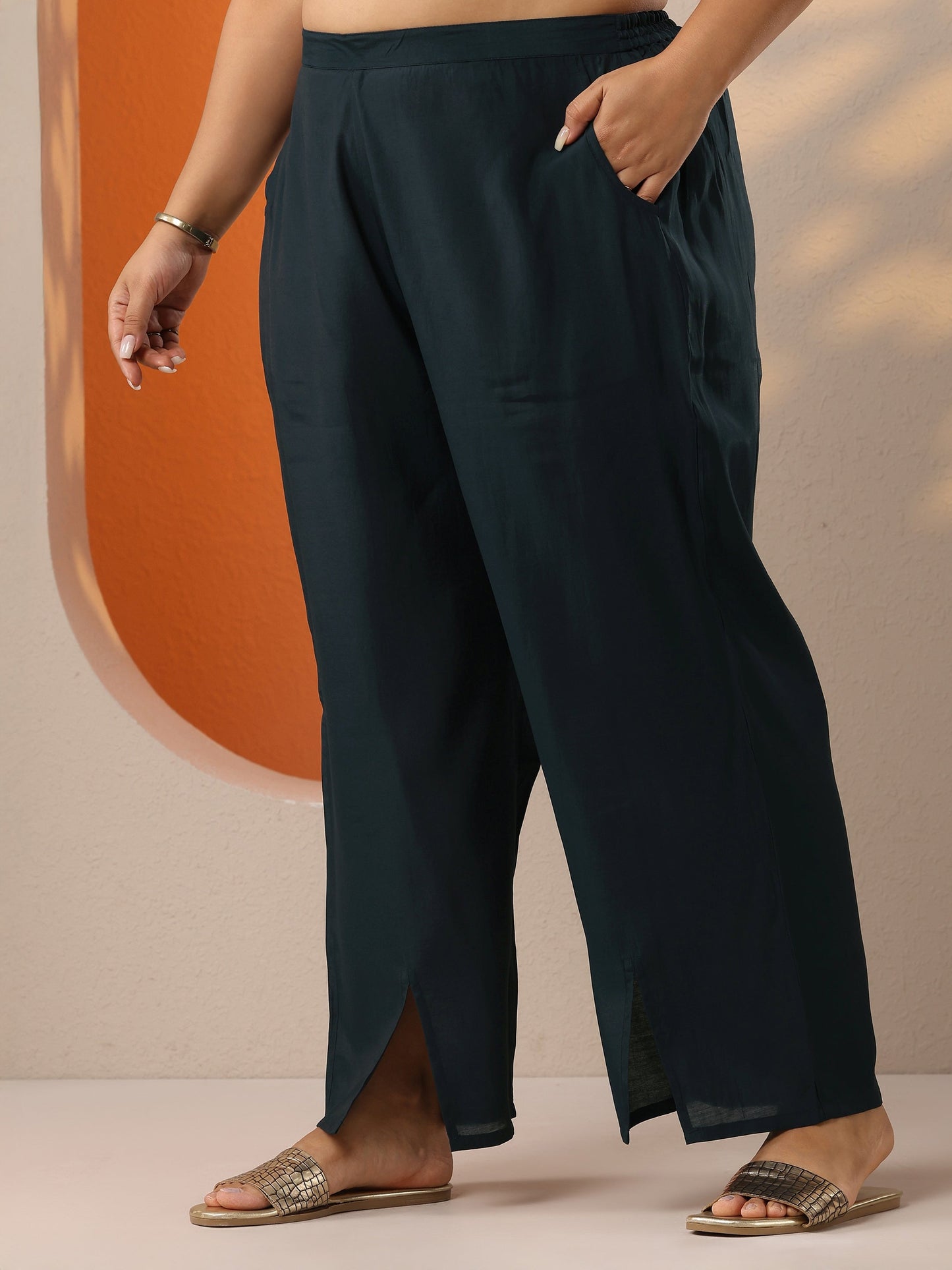 Plus Size Blue Printed Silk Blend Straight Kurta Set