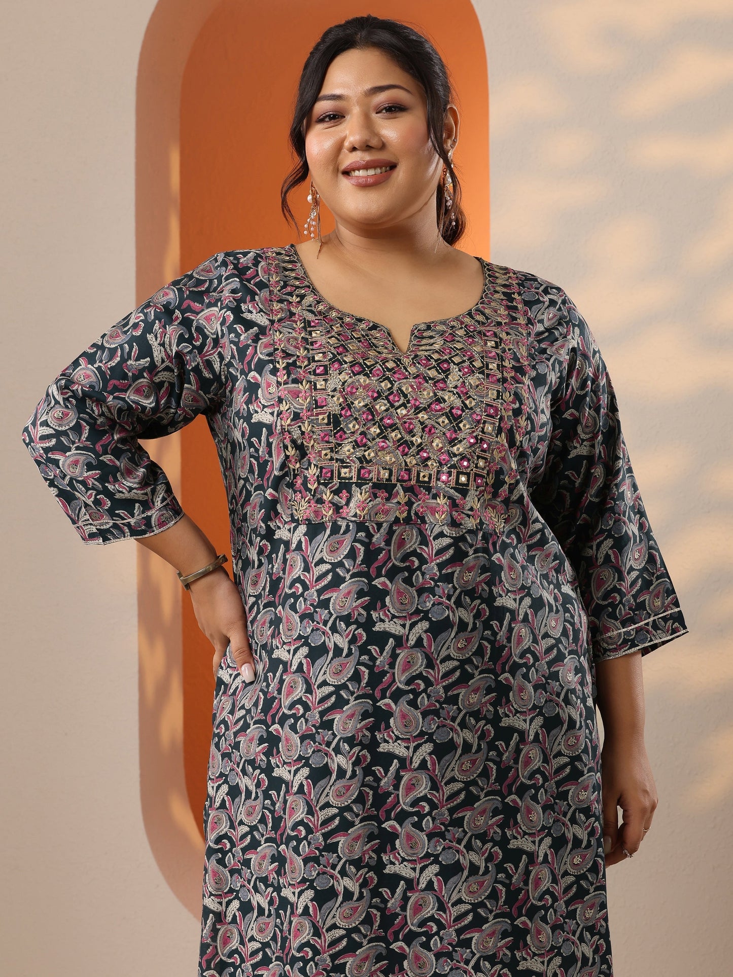 Plus Size Blue Printed Silk Blend Straight Kurta Set