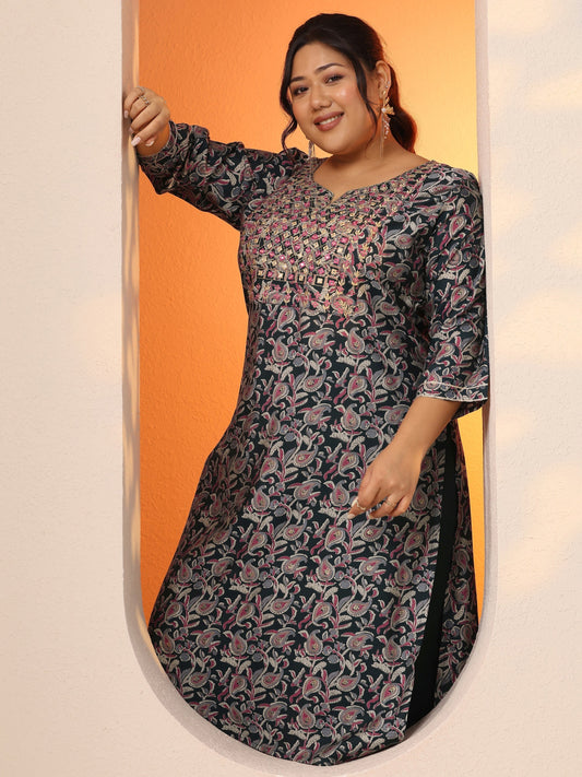 Plus Size Blue Printed Silk Blend Straight Kurta Set