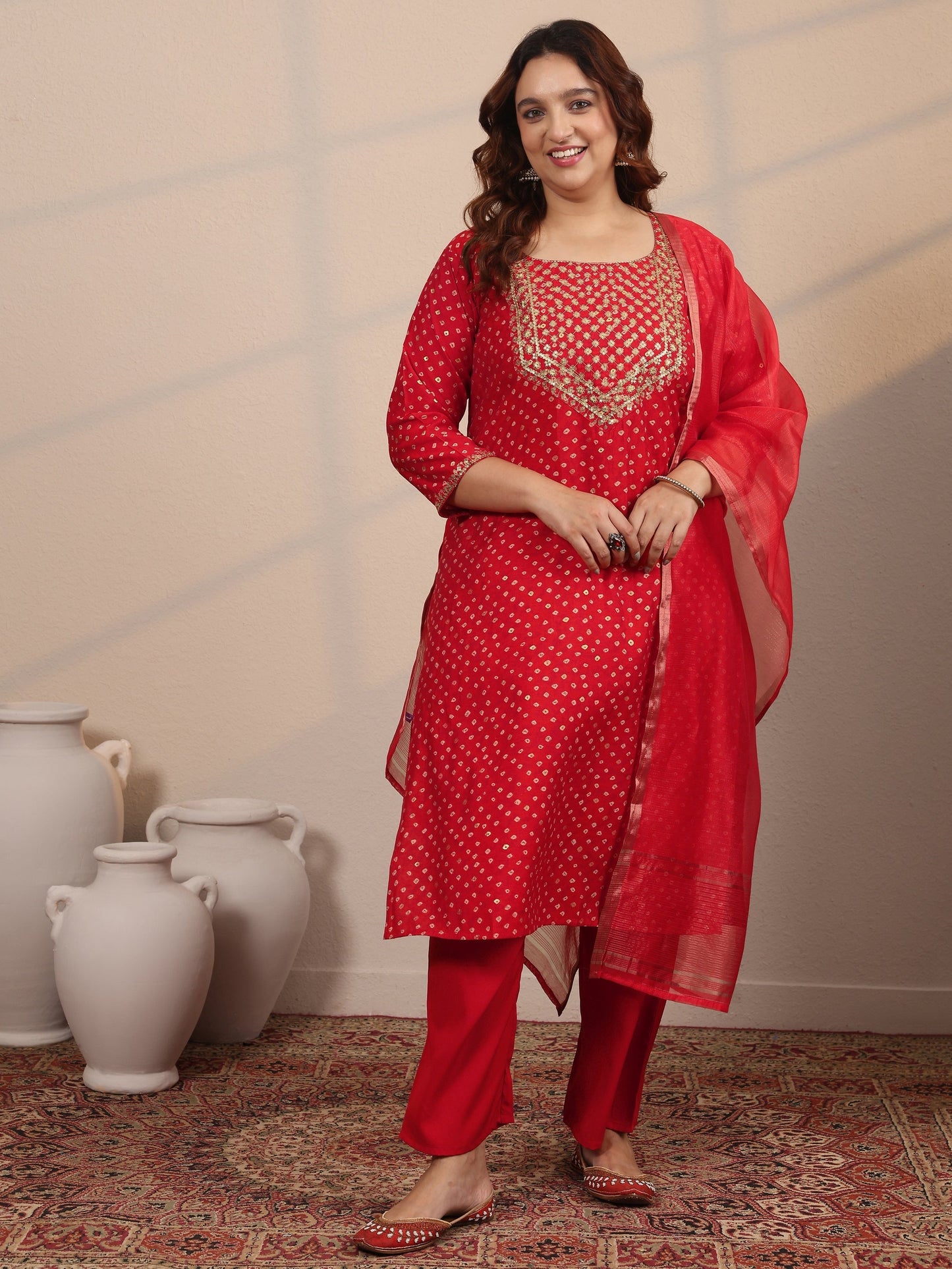 Plus Size Red Printed Silk Blend Straight Suit Set With Dupatta