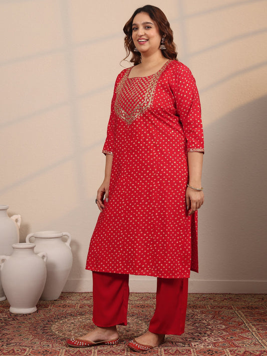Plus Size Red Printed Silk Blend Straight Suit Set With Dupatta
