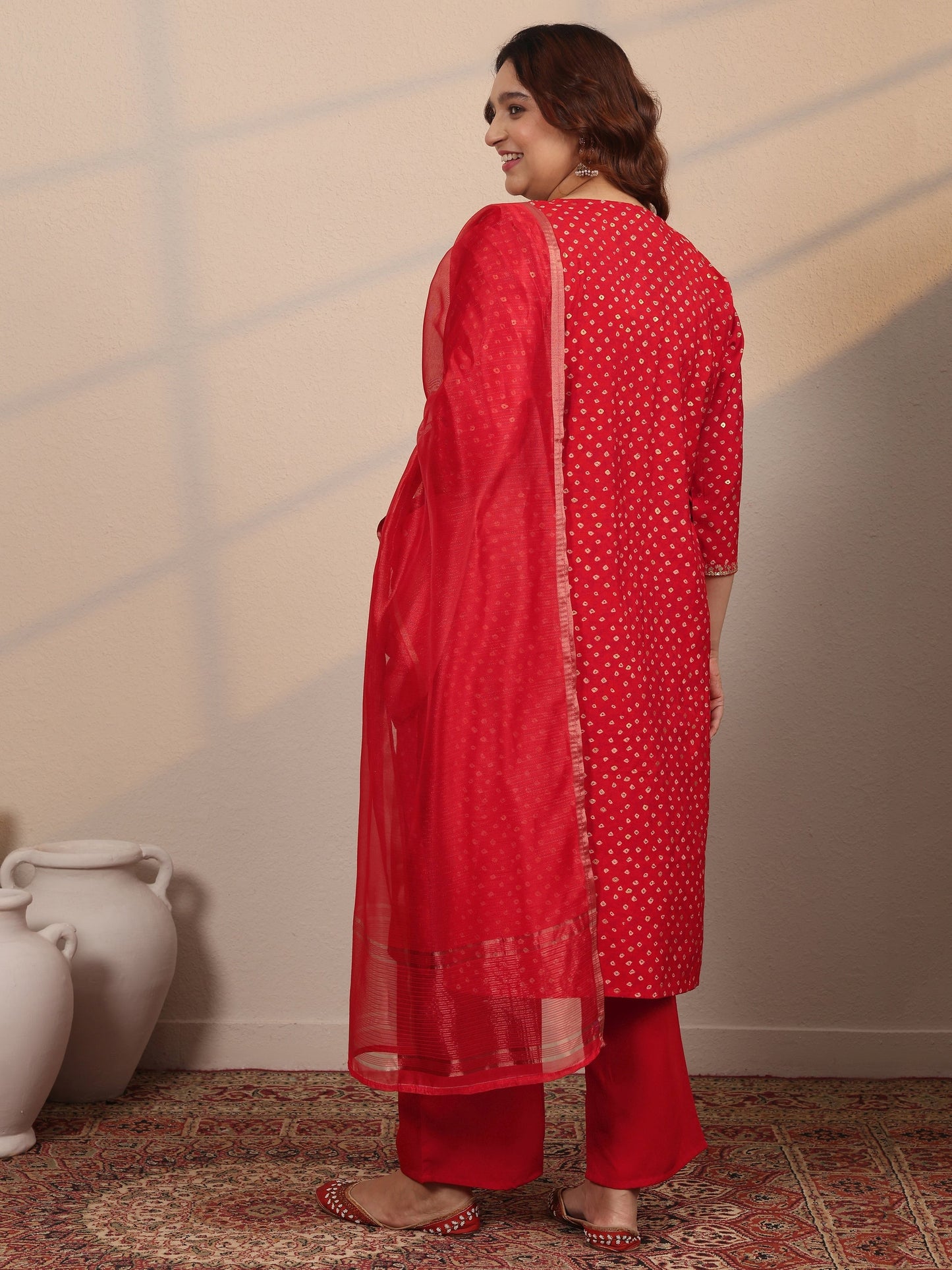 Plus Size Red Printed Silk Blend Straight Suit Set With Dupatta