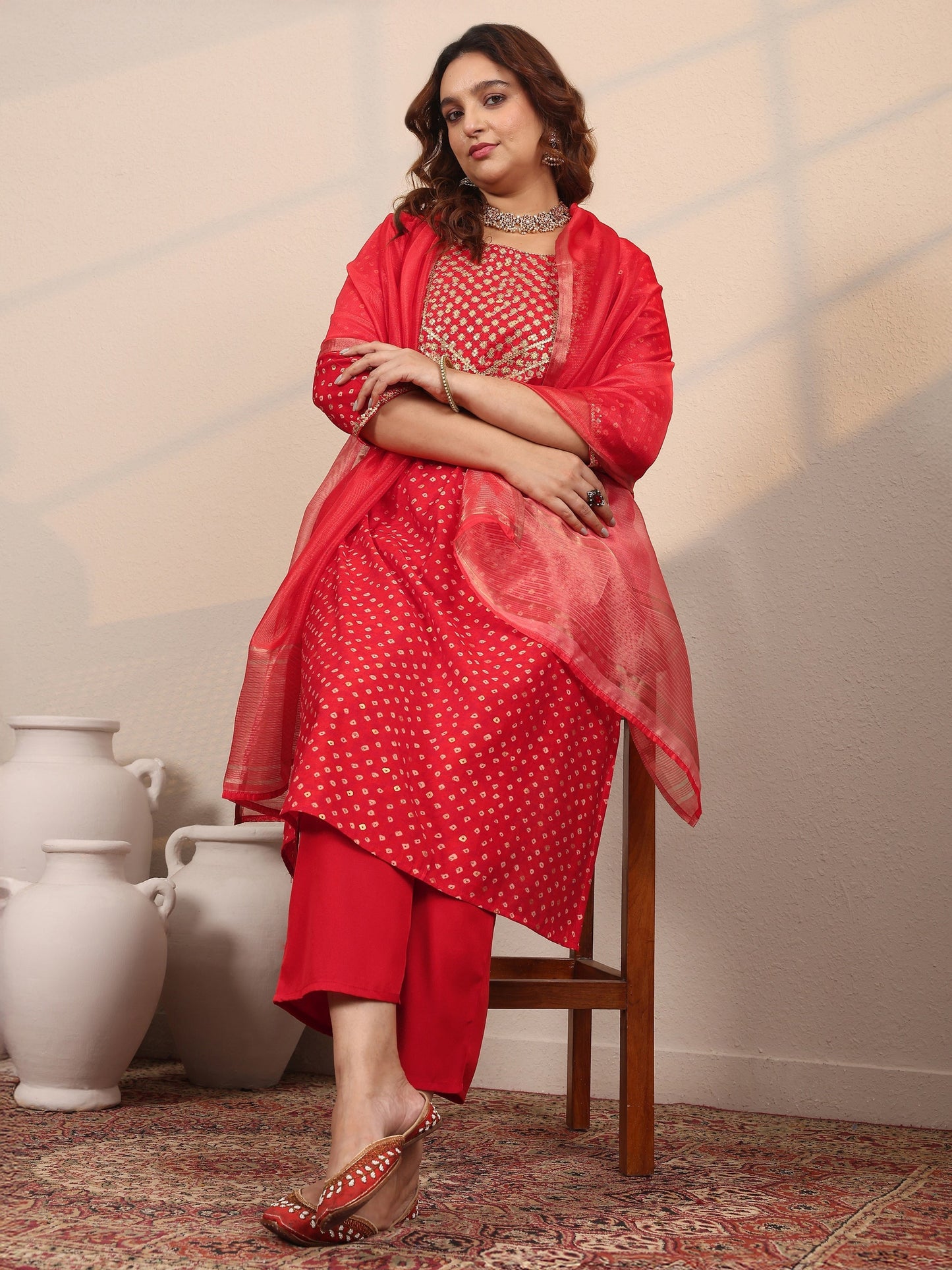 Plus Size Red Printed Silk Blend Straight Suit Set With Dupatta