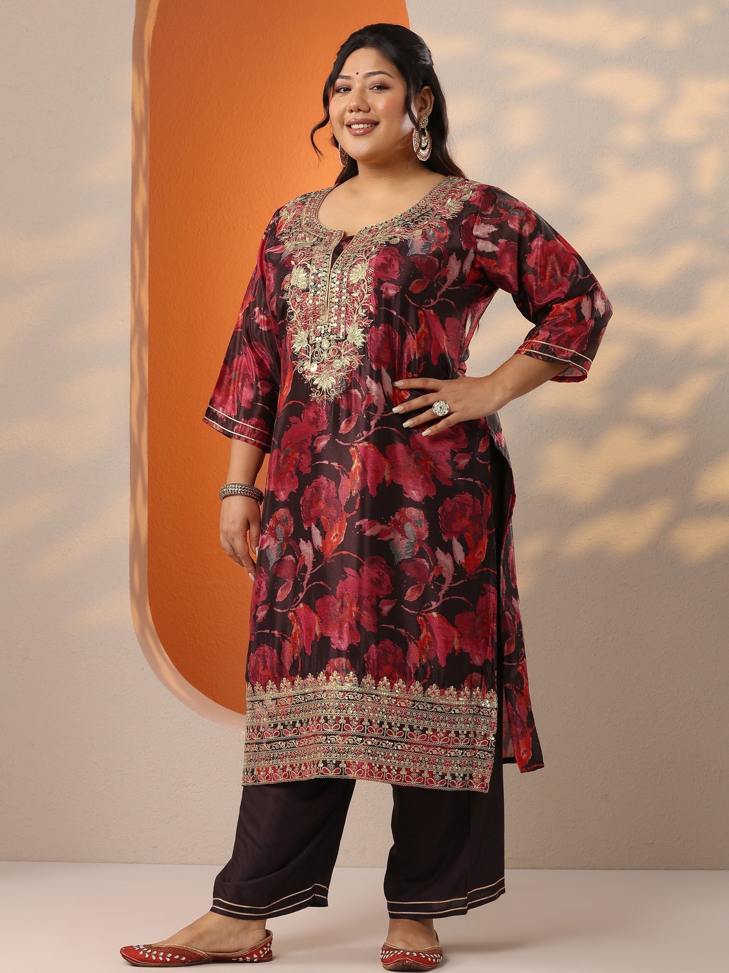 Plus Size Brown Printed Chinon Straight Suit Set With Dupatta