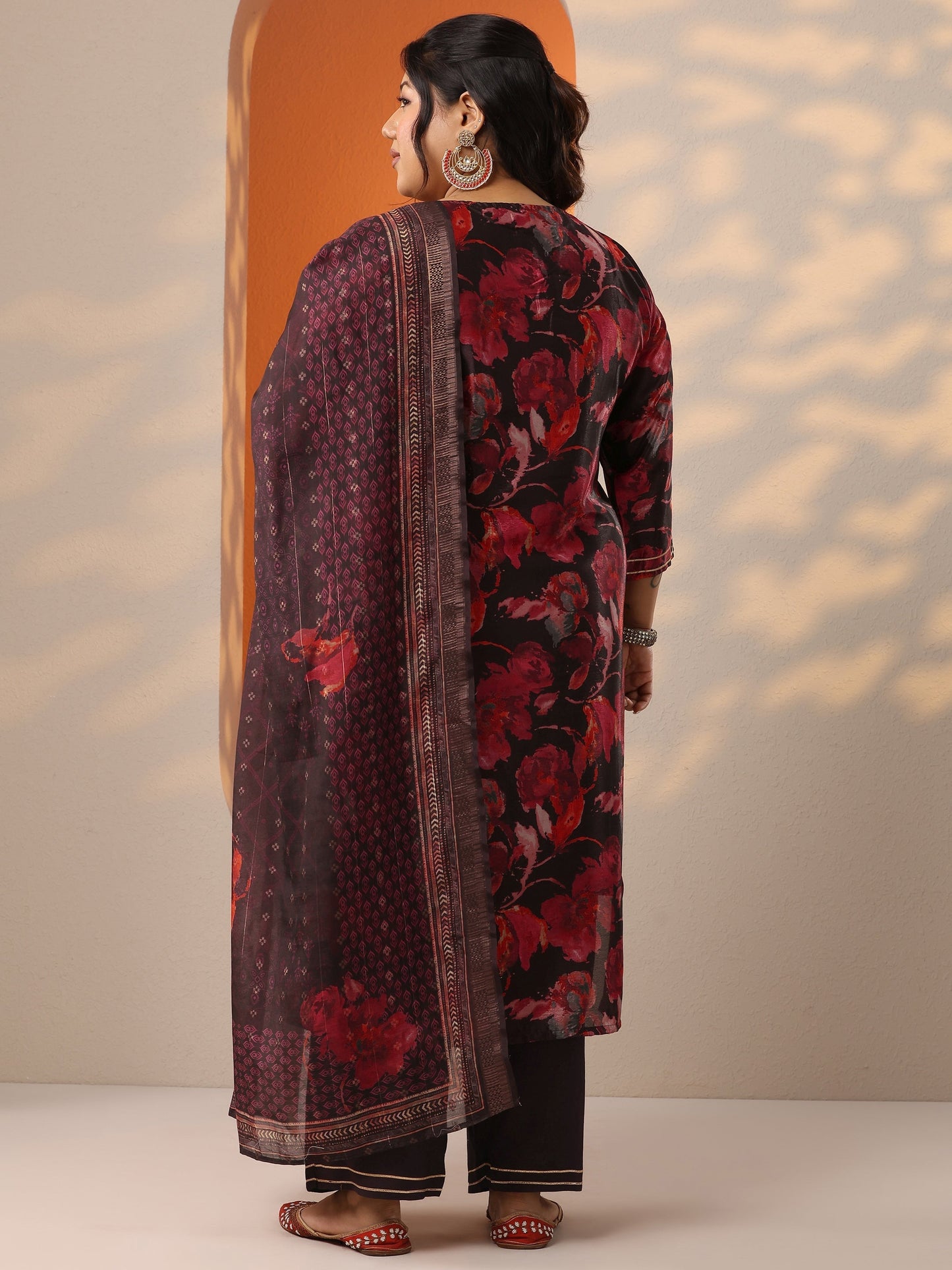 Plus Size Brown Printed Chinon Straight Suit Set With Dupatta