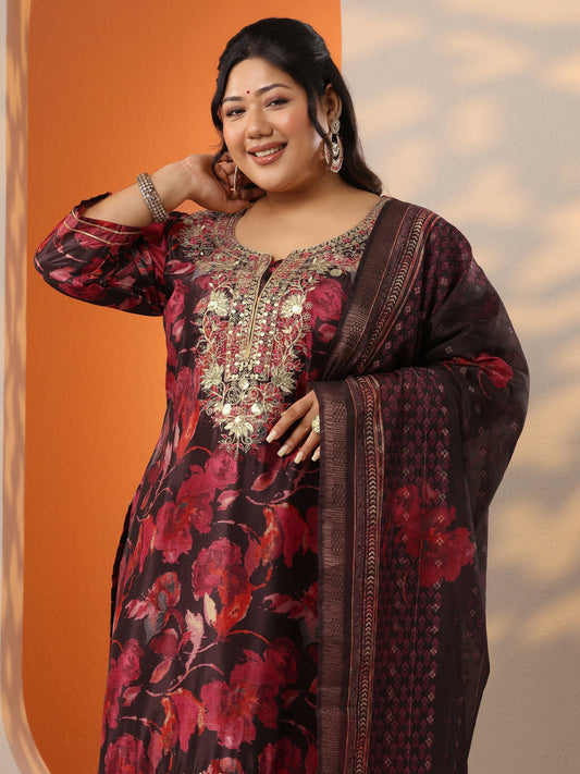 Plus Size Brown Printed Chinon Straight Suit Set With Dupatta