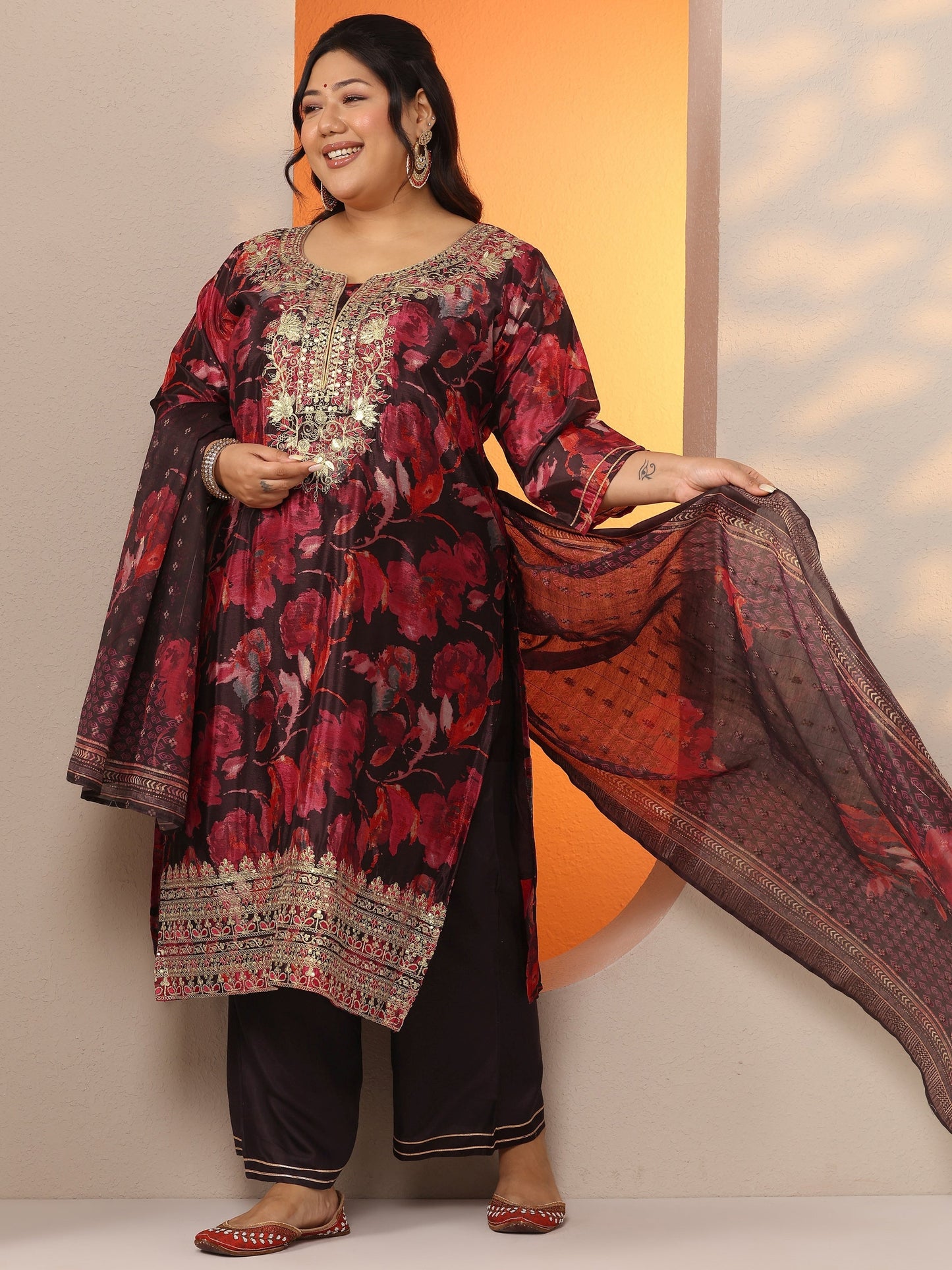 Plus Size Brown Printed Chinon Straight Suit Set With Dupatta