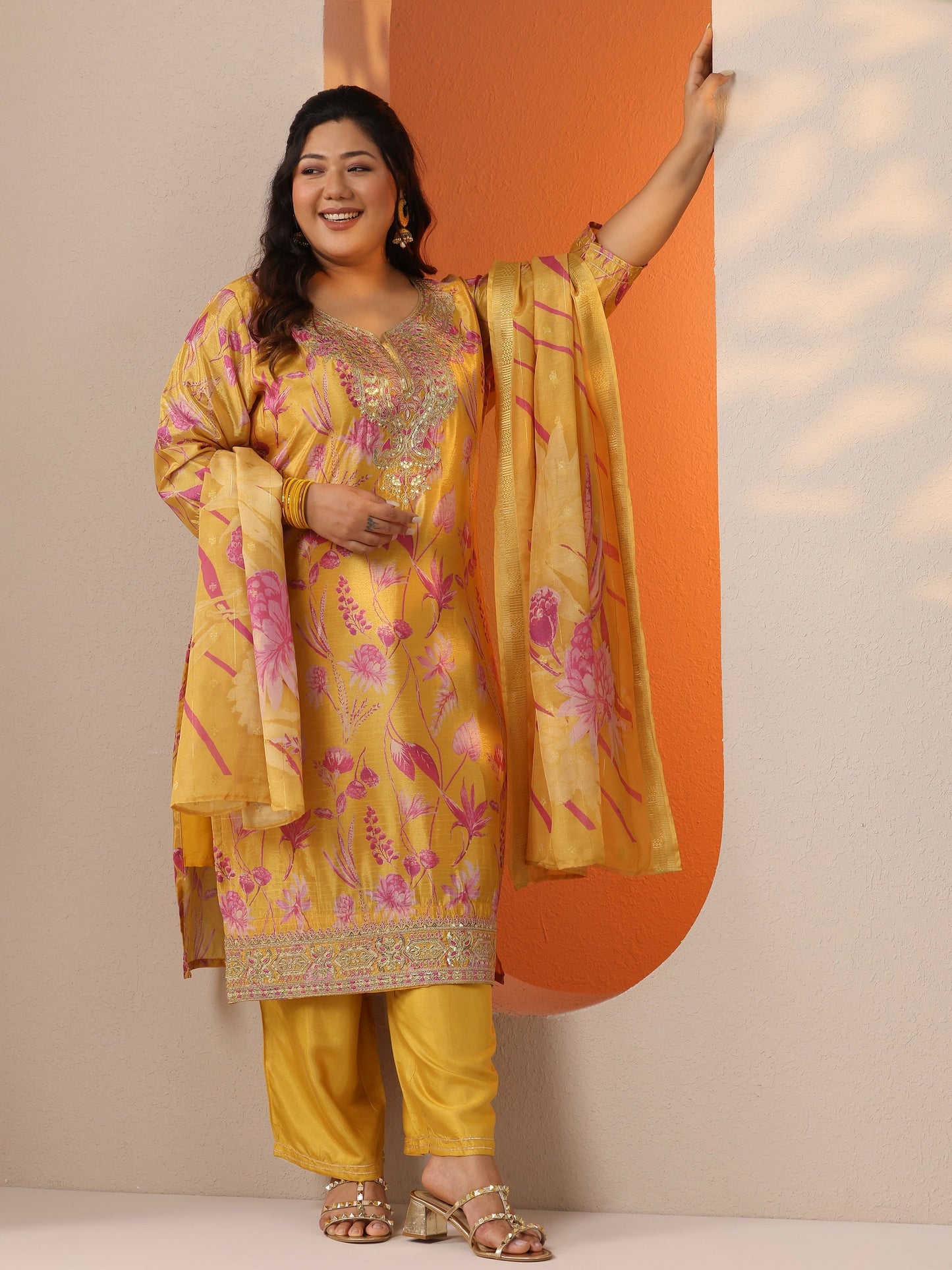 Plus Size Mustard Printed Chinon Straight Suit Set With Dupatta